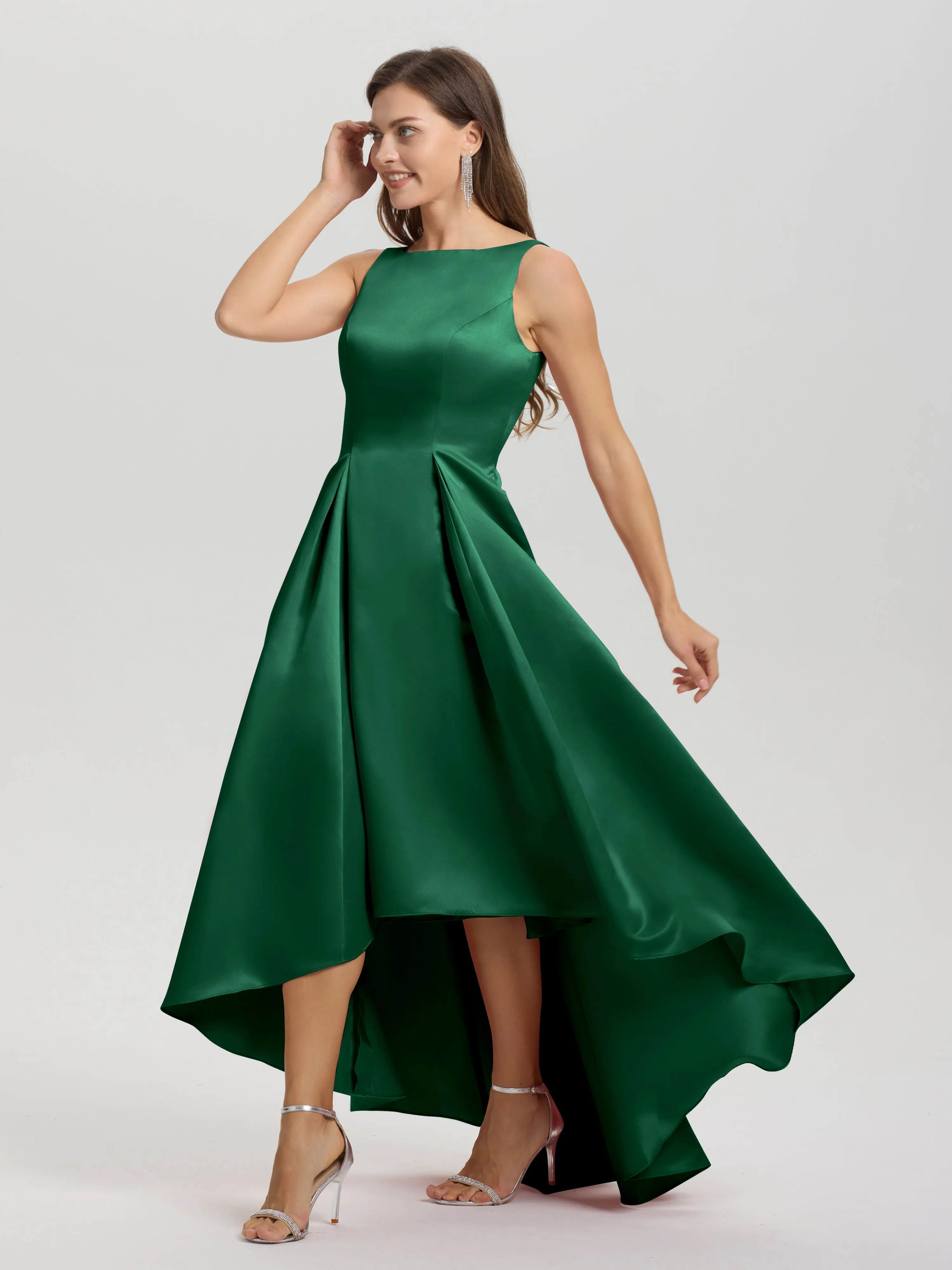 Jewel Sleeveless V-Back Long Satin Bridesmaid Dresses