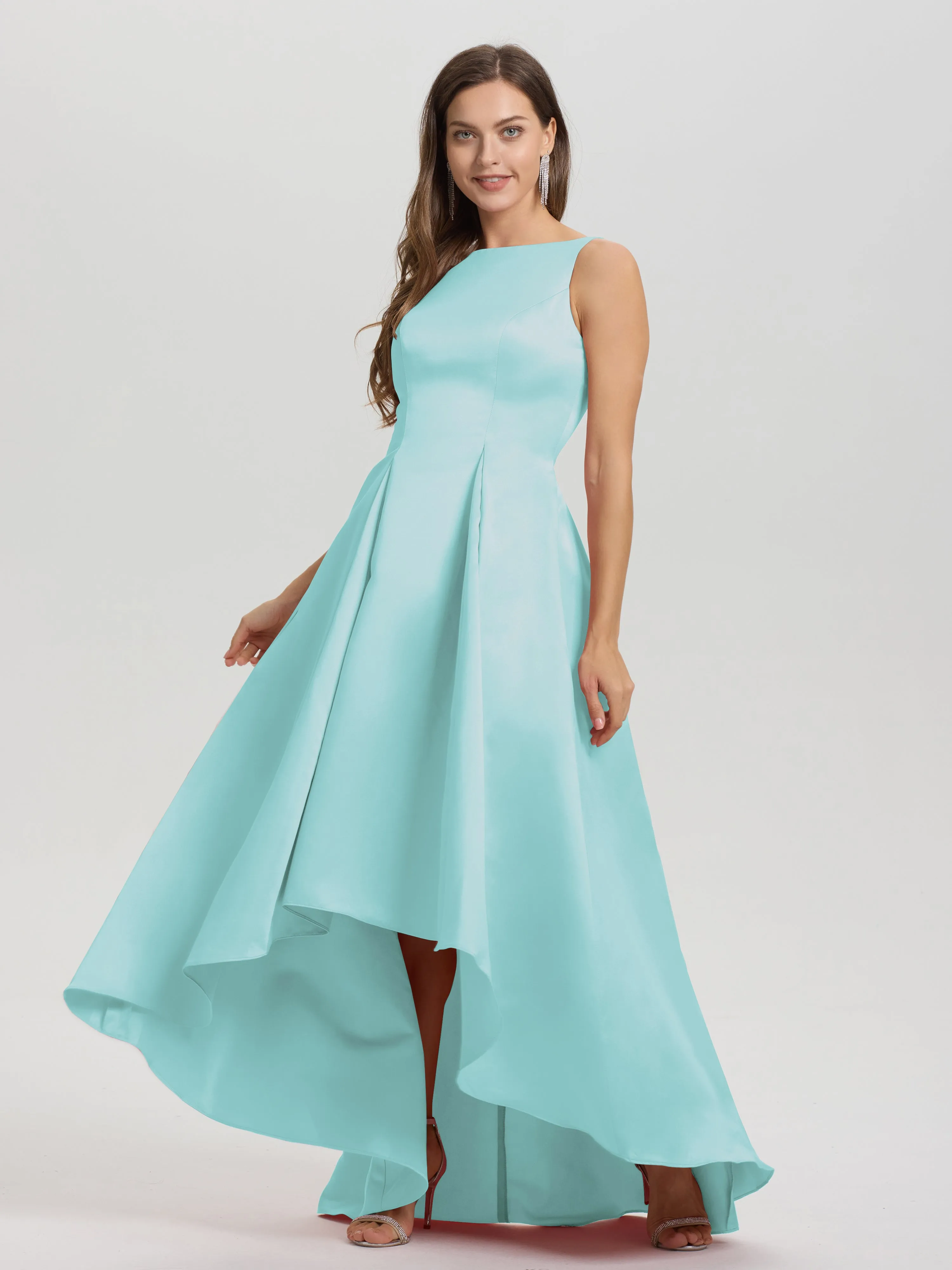 Jewel Sleeveless V-Back Long Satin Bridesmaid Dresses