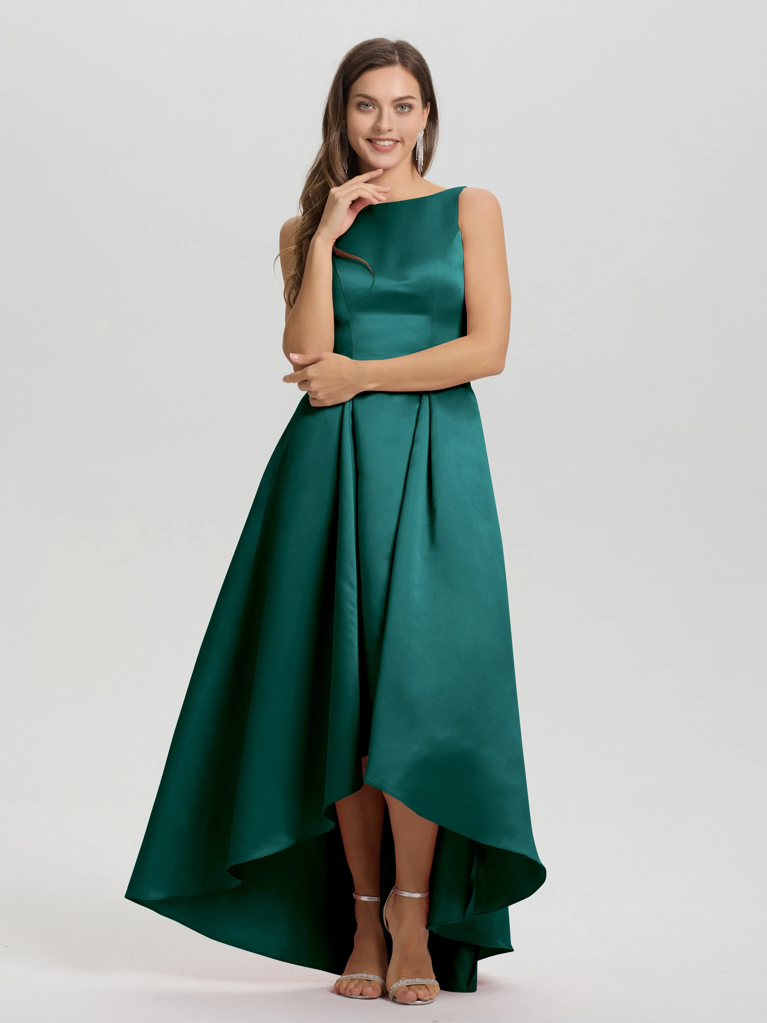 Jewel Sleeveless V-Back Long Satin Bridesmaid Dresses