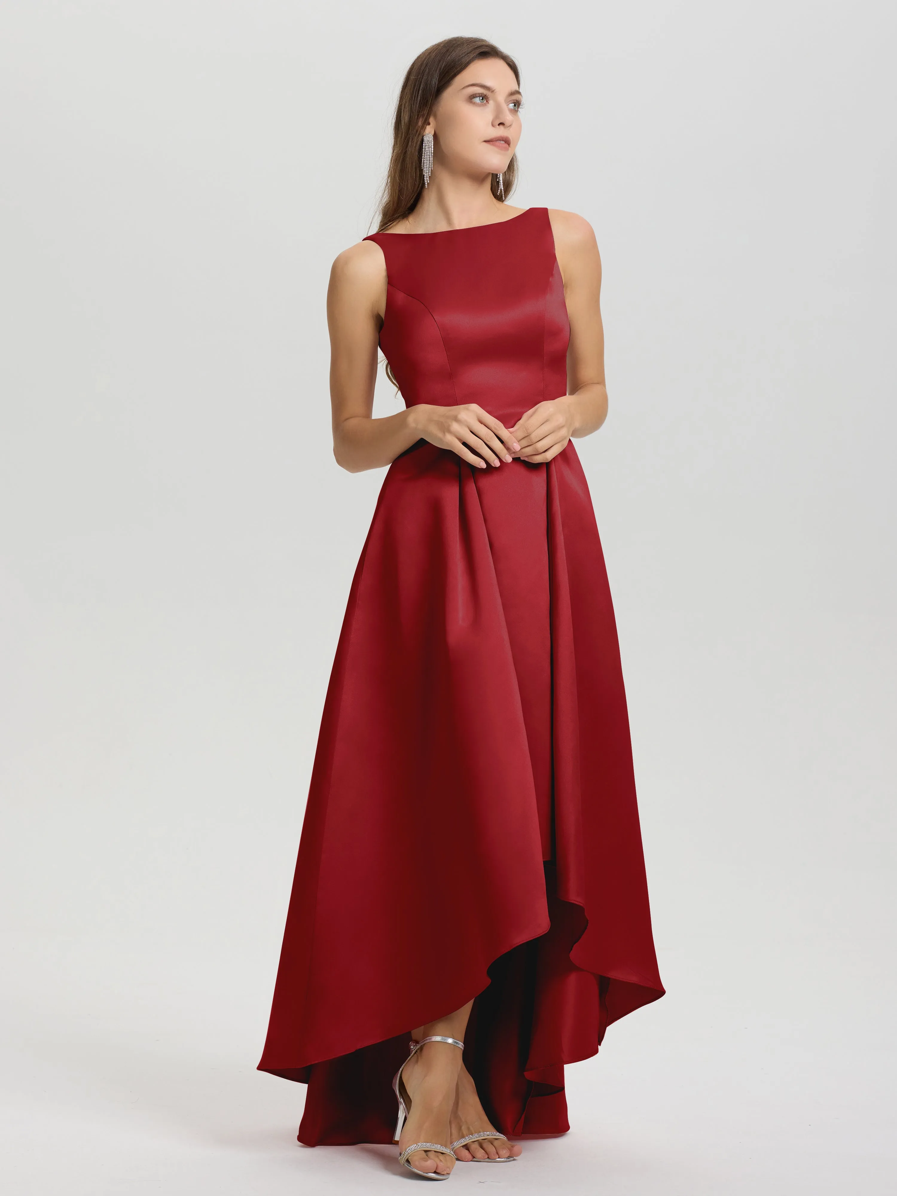 Jewel Sleeveless V-Back Long Satin Bridesmaid Dresses