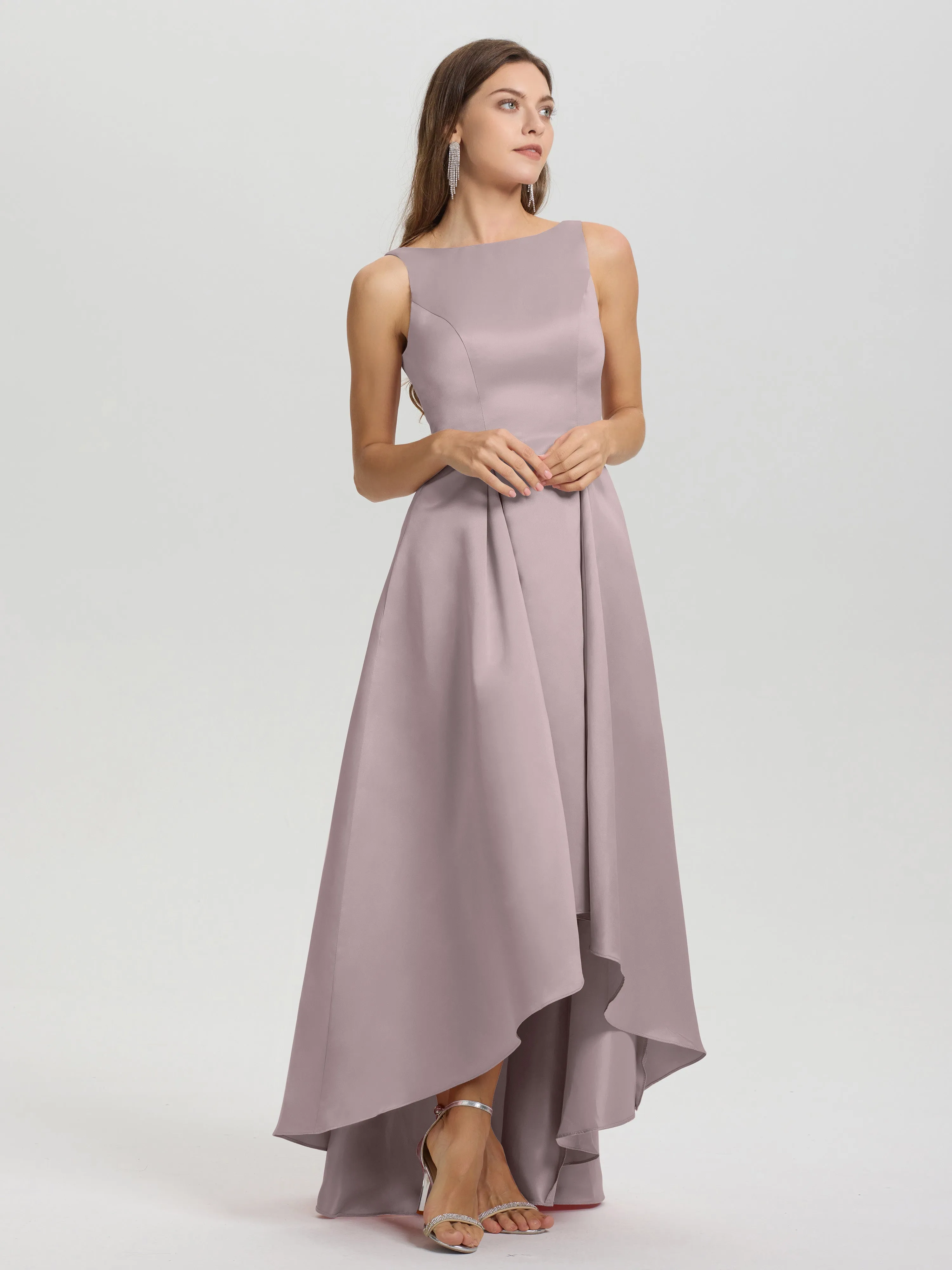 Jewel Sleeveless V-Back Long Satin Bridesmaid Dresses