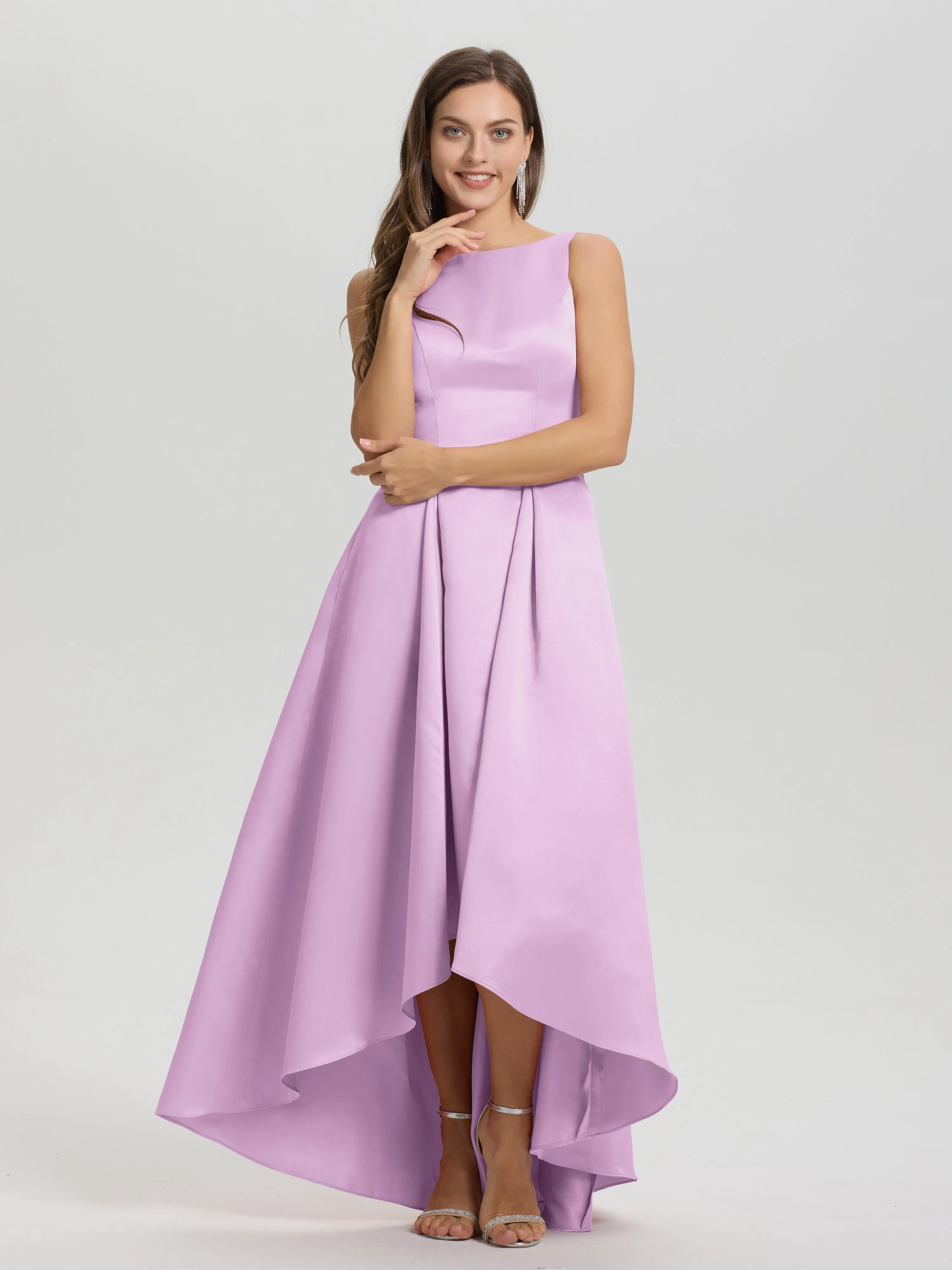 Jewel Sleeveless V-Back Long Satin Bridesmaid Dresses