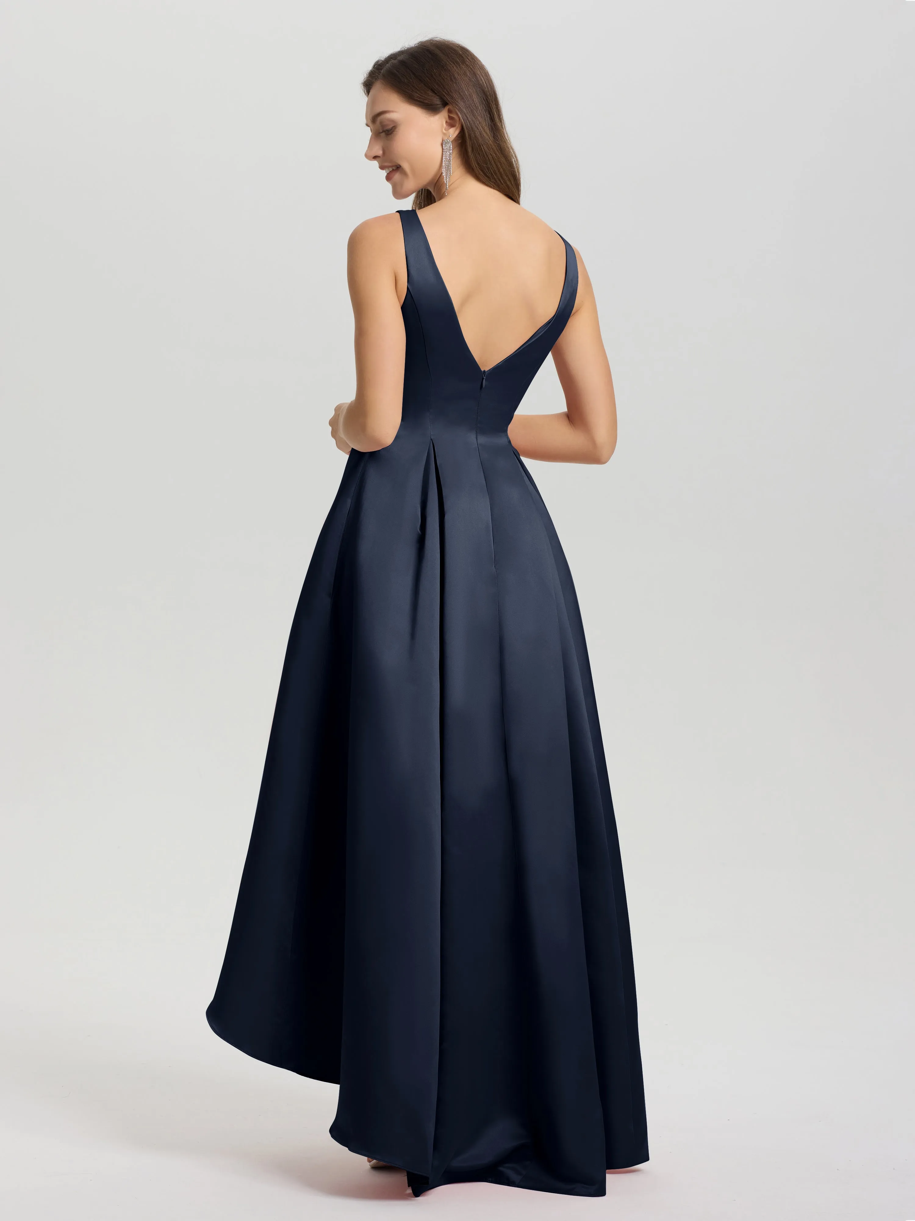 Jewel Sleeveless V-Back Long Satin Bridesmaid Dresses