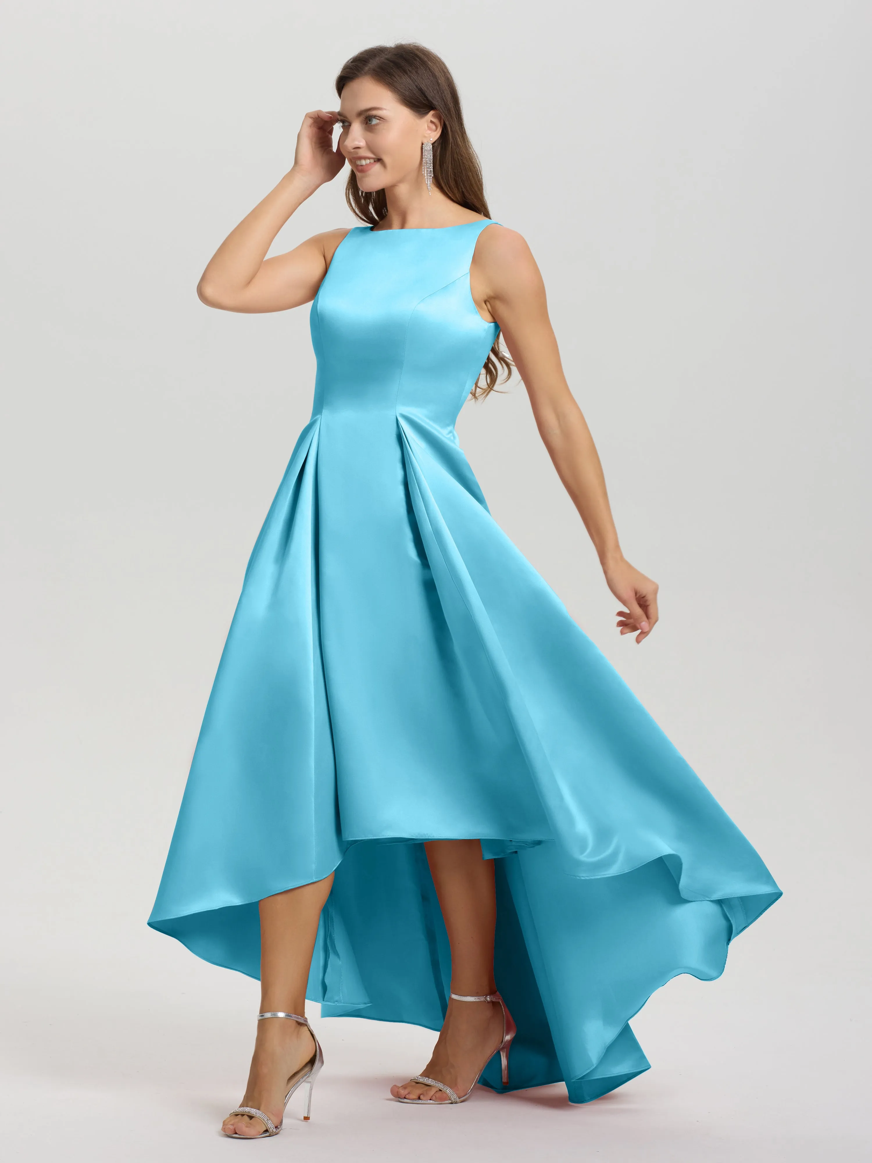Jewel Sleeveless V-Back Long Satin Bridesmaid Dresses