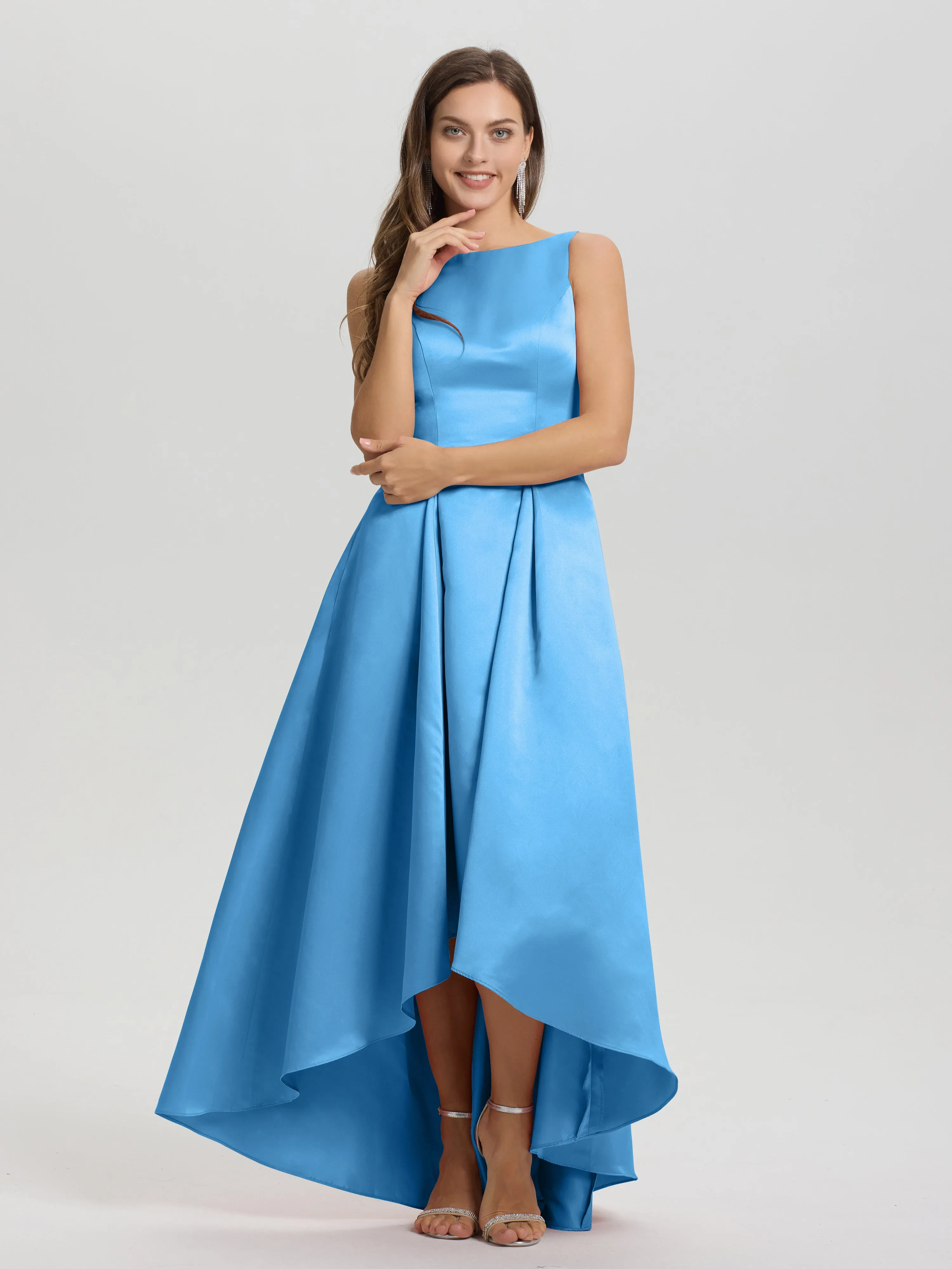 Jewel Sleeveless V-Back Long Satin Bridesmaid Dresses