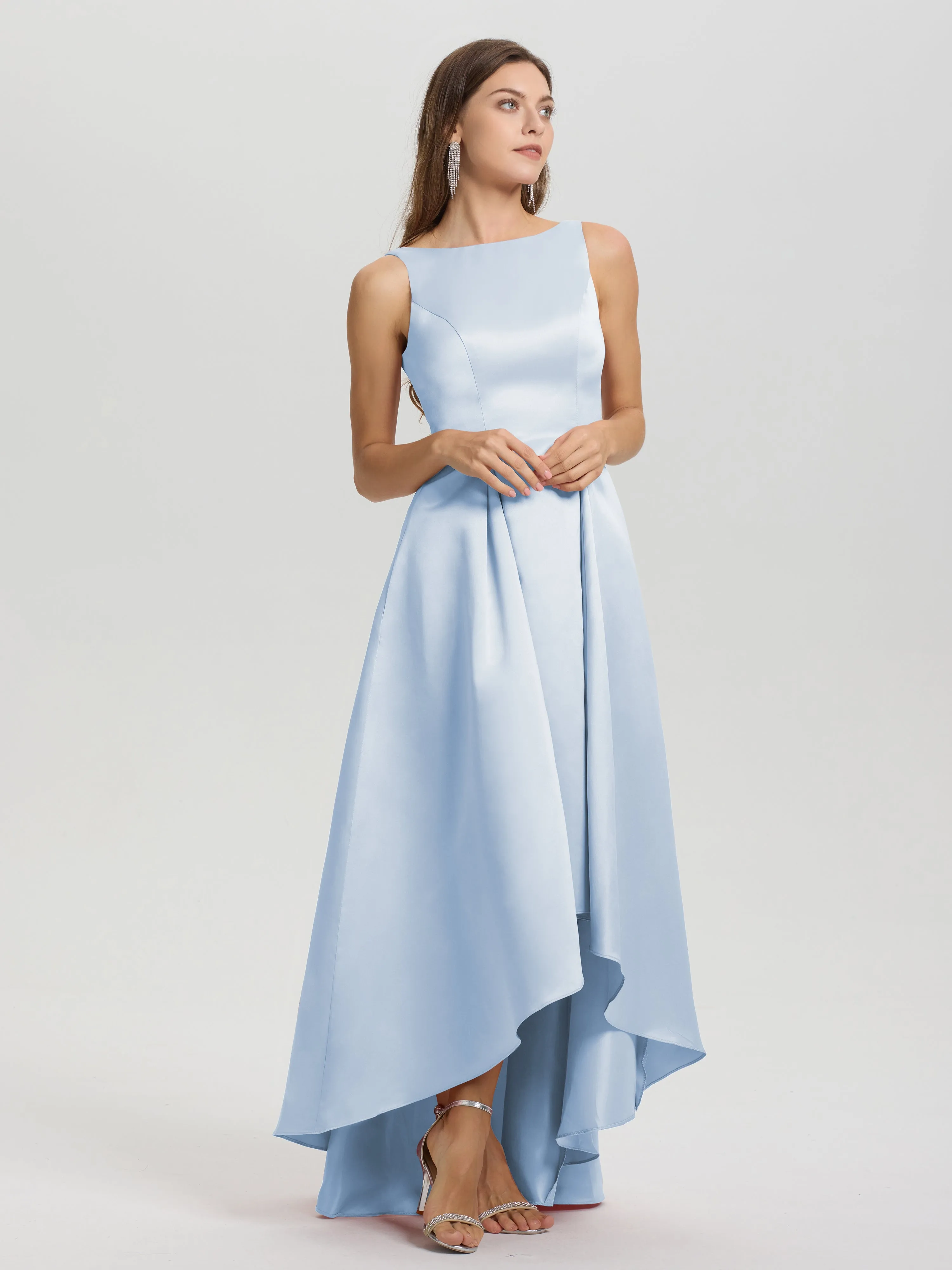 Jewel Sleeveless V-Back Long Satin Bridesmaid Dresses