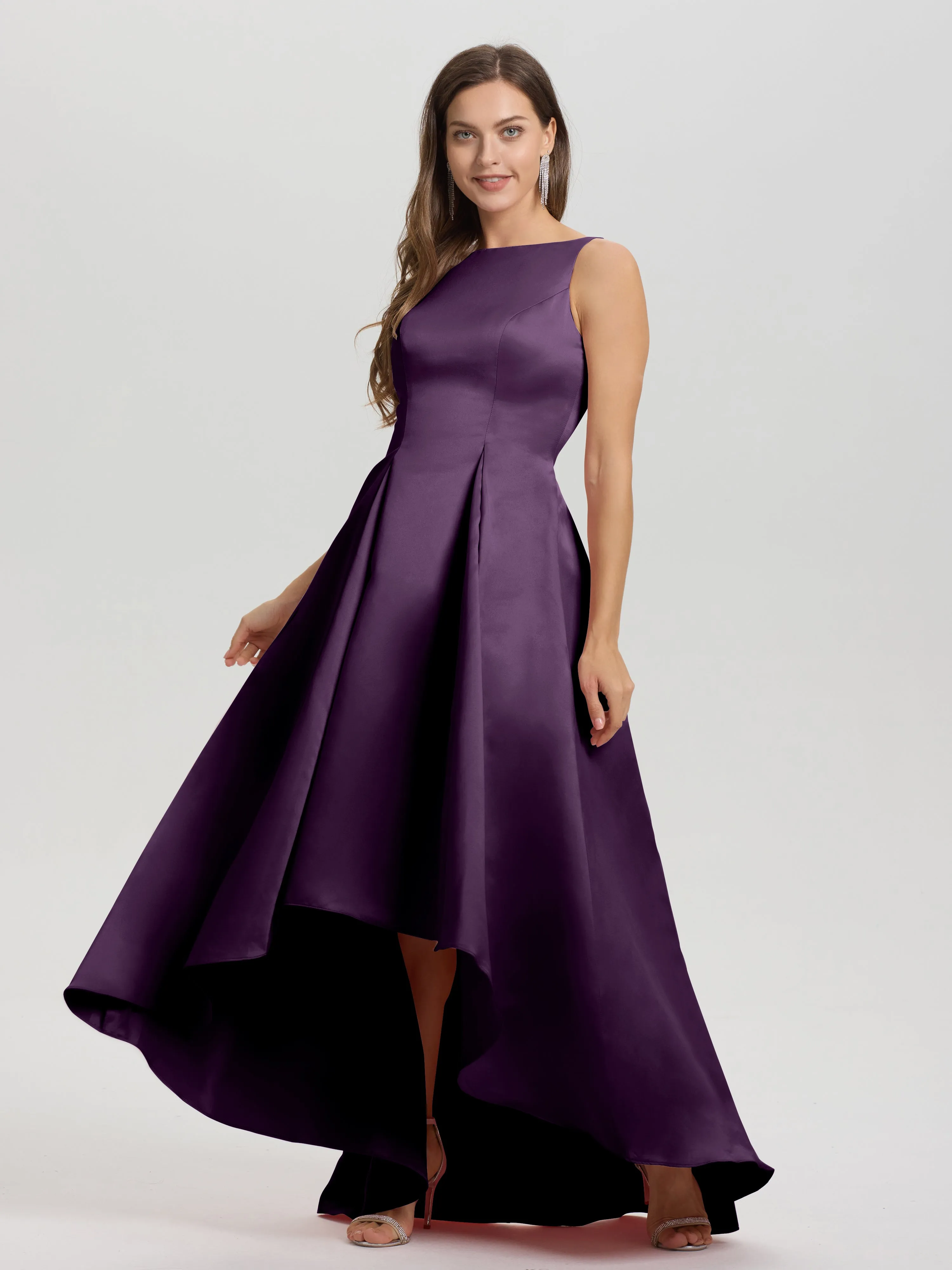 Jewel Sleeveless V-Back Long Satin Bridesmaid Dresses