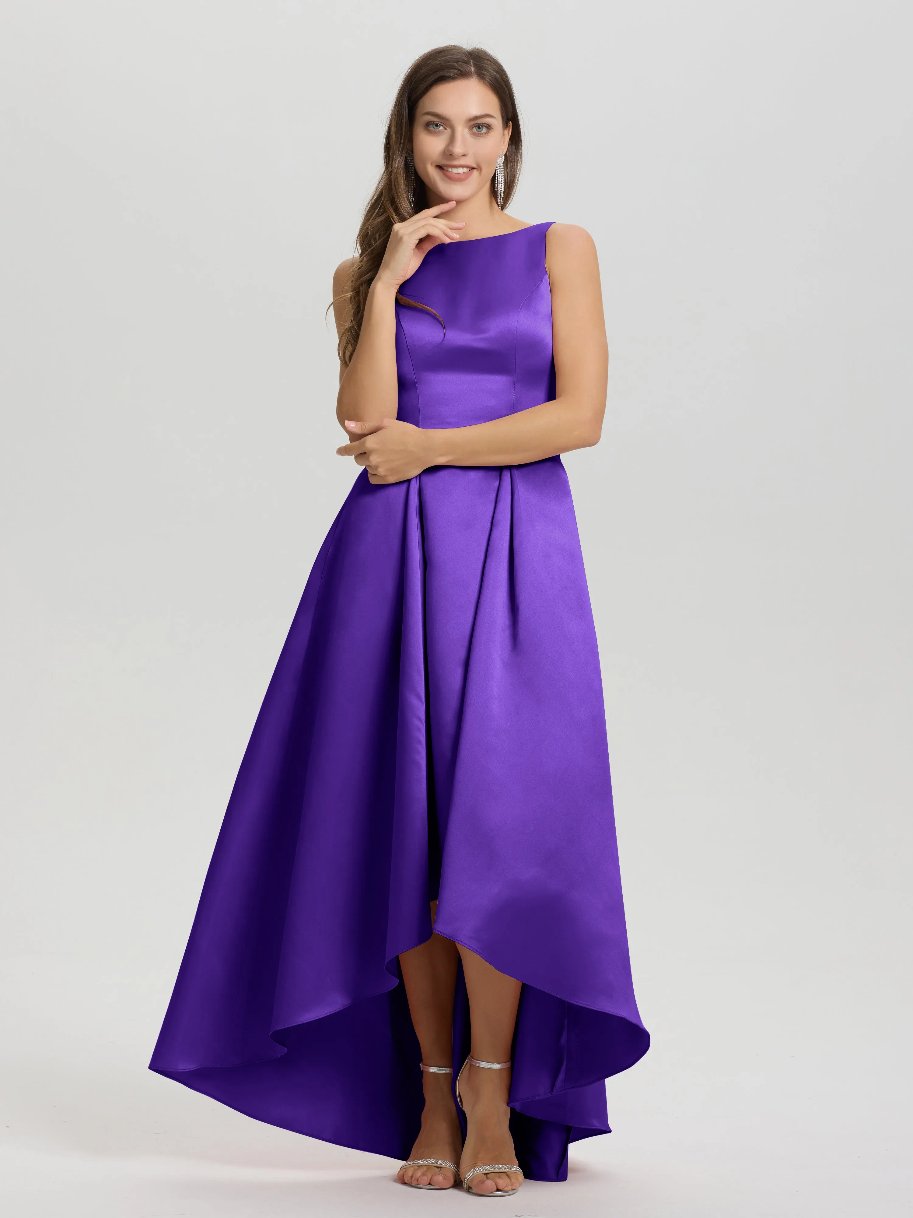 Jewel Sleeveless V-Back Long Satin Bridesmaid Dresses