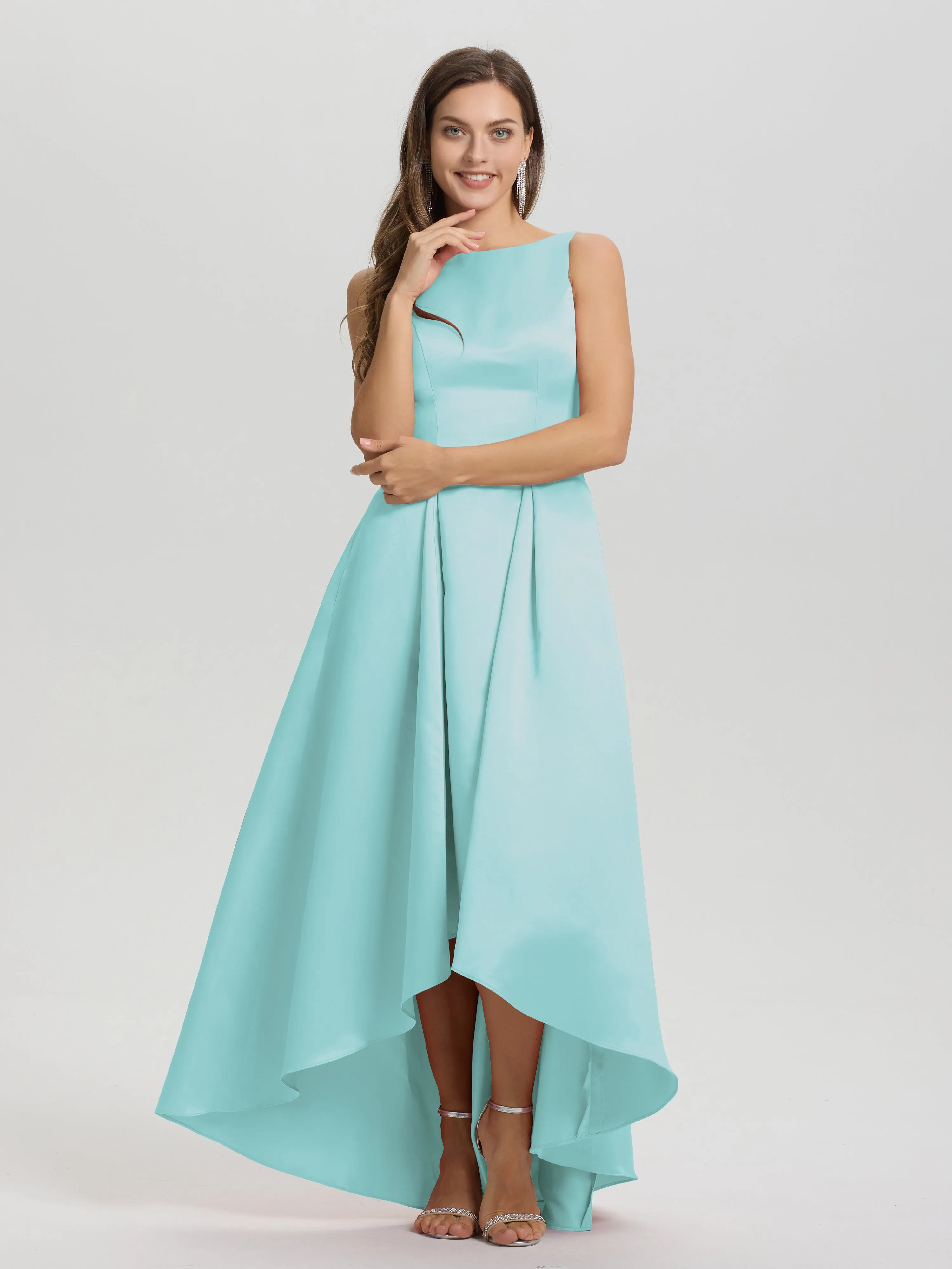 Jewel Sleeveless V-Back Long Satin Bridesmaid Dresses