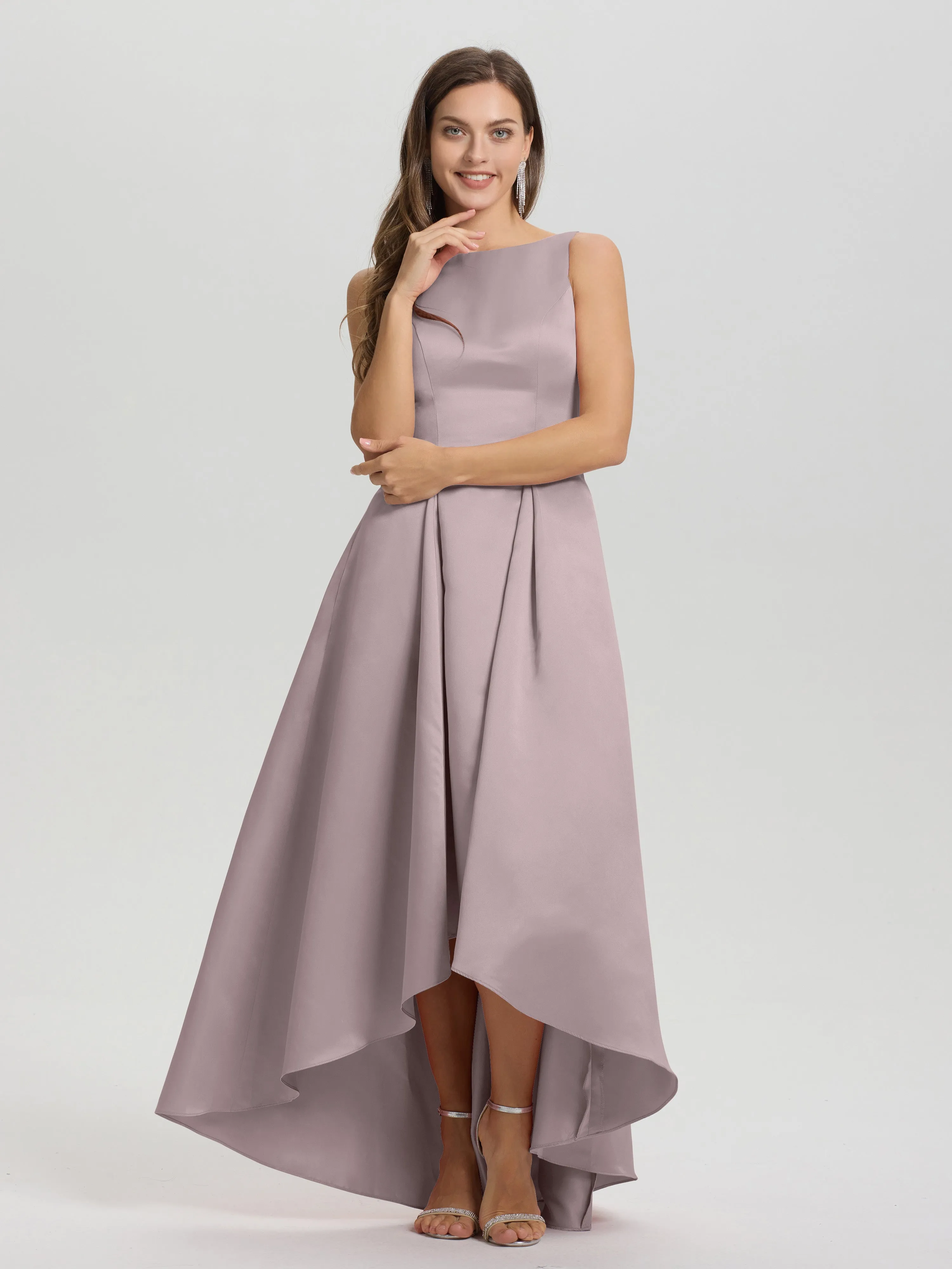 Jewel Sleeveless V-Back Long Satin Bridesmaid Dresses
