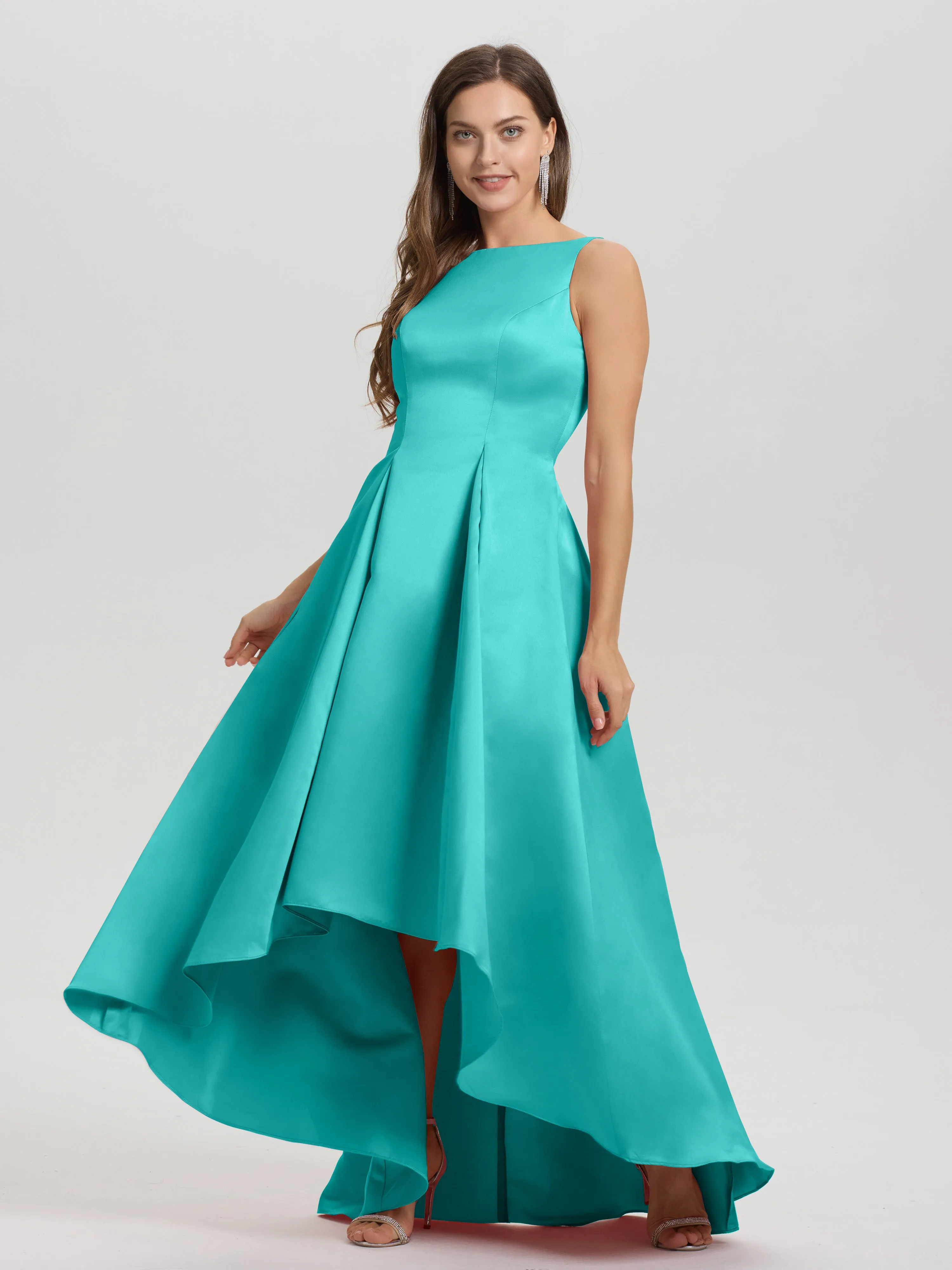 Jewel Sleeveless V-Back Long Satin Bridesmaid Dresses