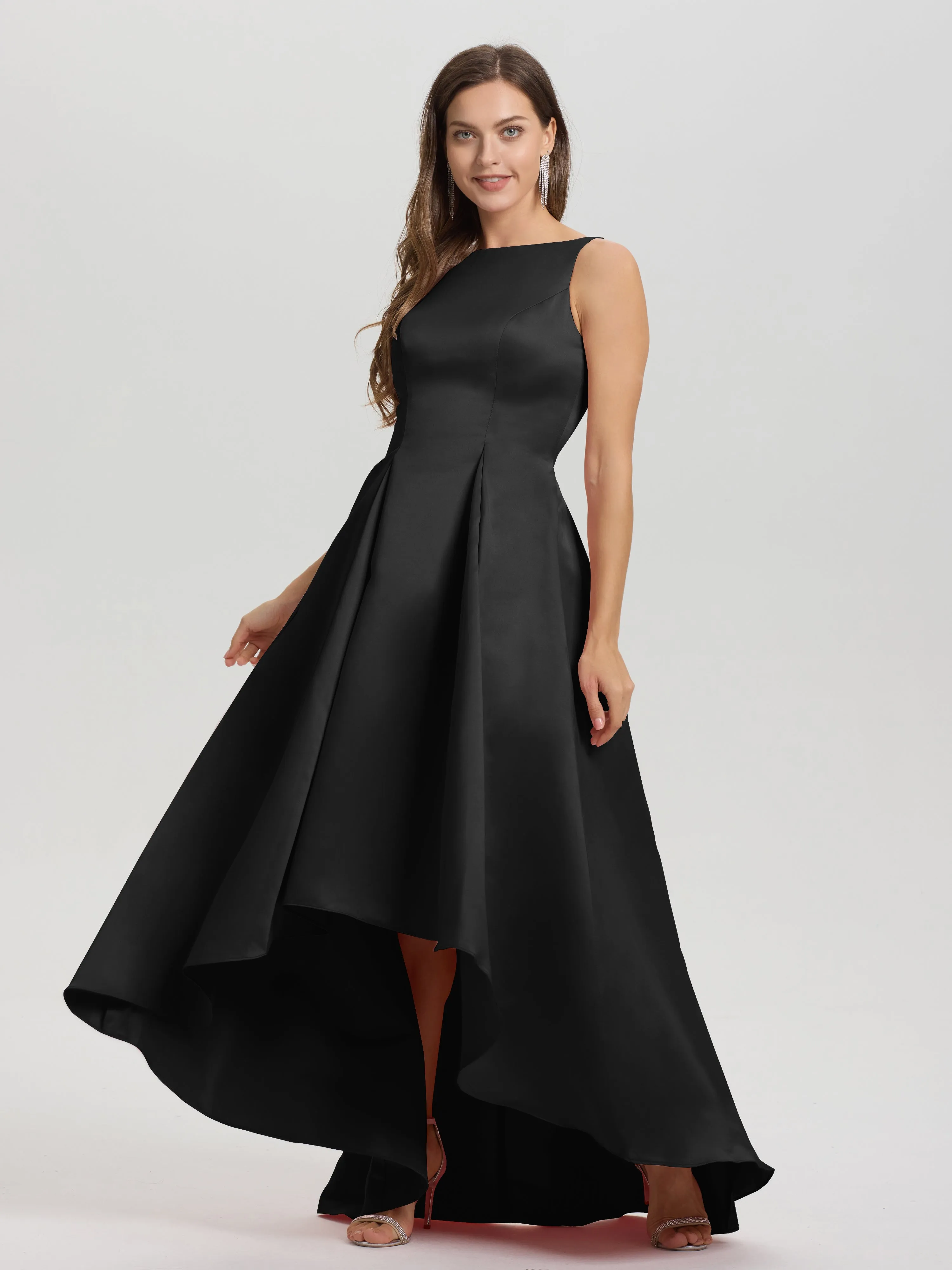 Jewel Sleeveless V-Back Long Satin Bridesmaid Dresses