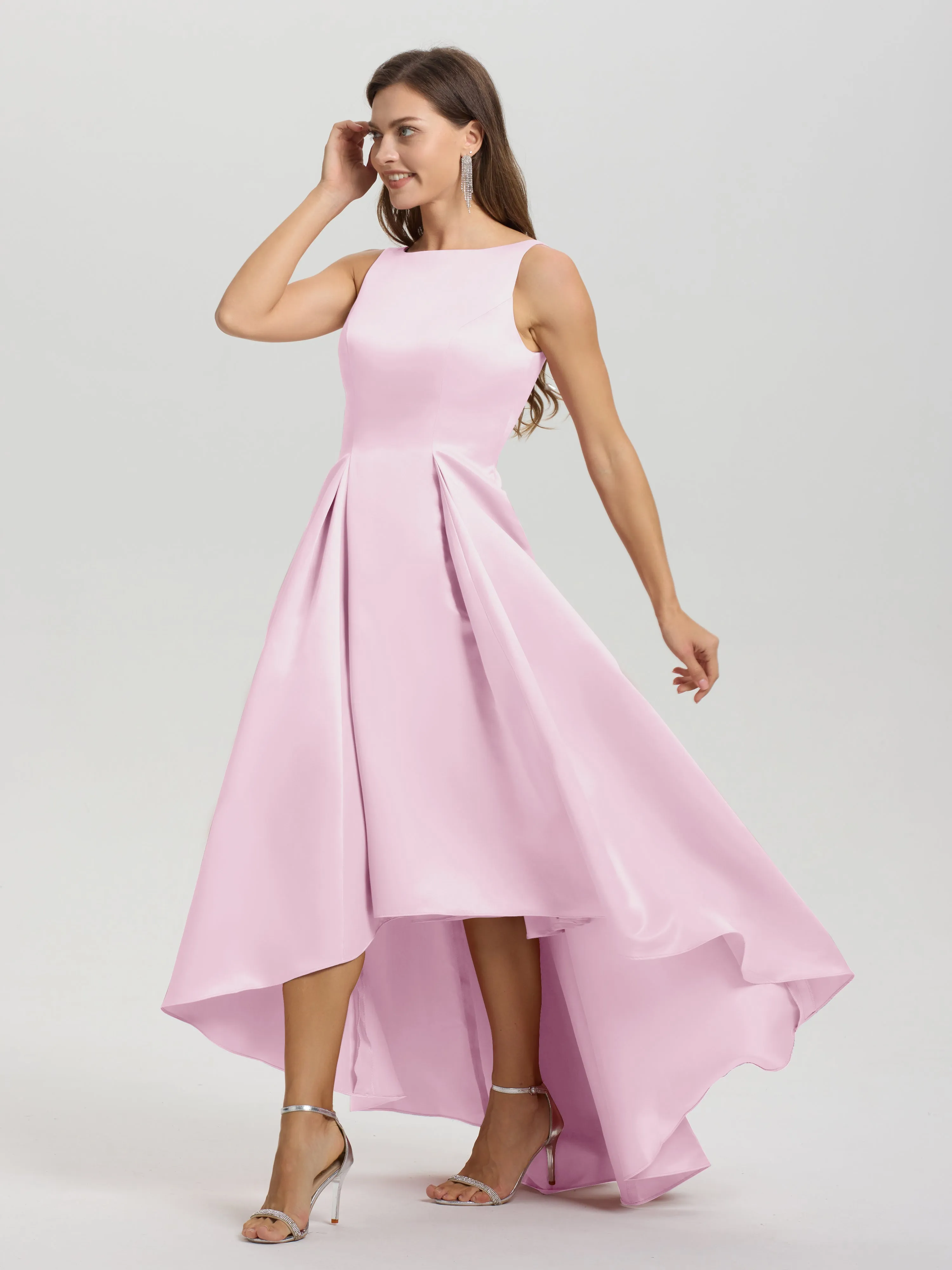 Jewel Sleeveless V-Back Long Satin Bridesmaid Dresses