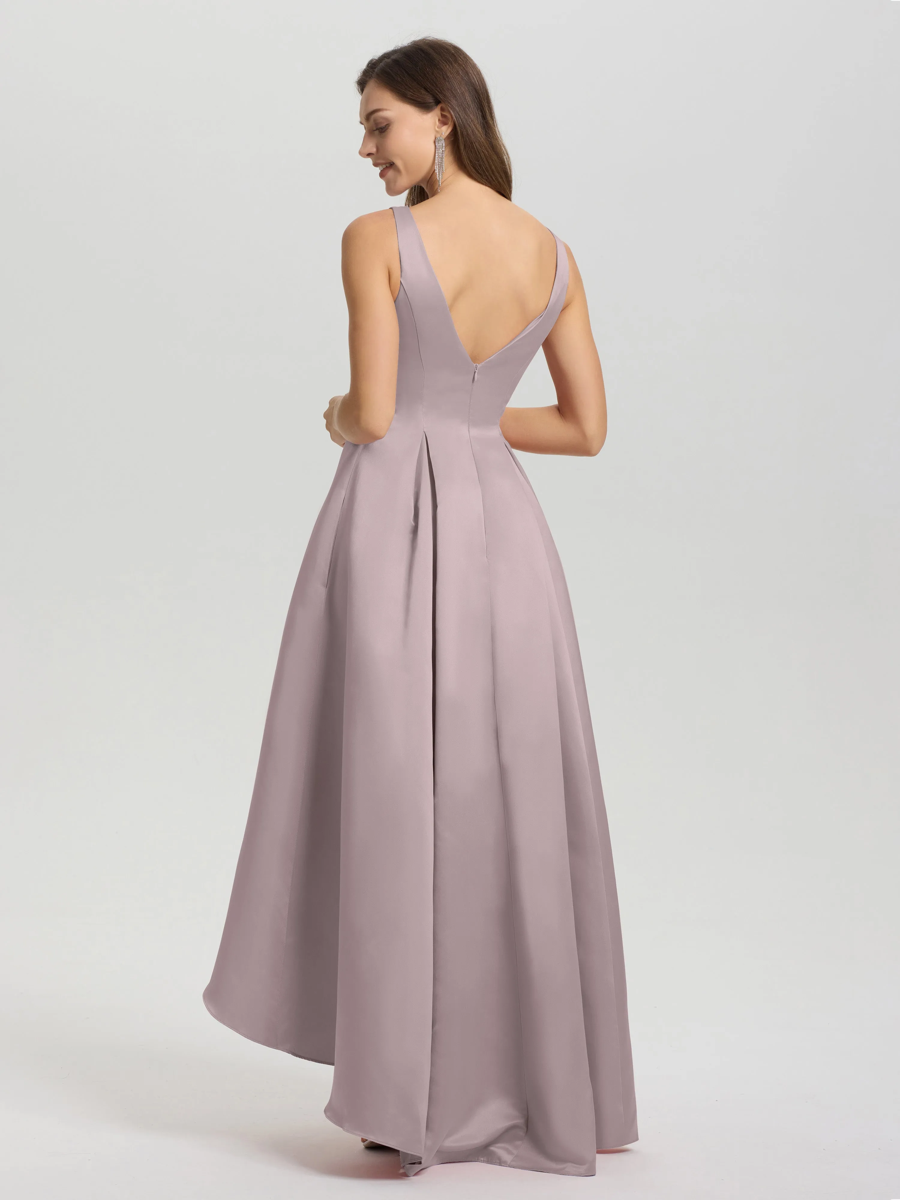 Jewel Sleeveless V-Back Long Satin Bridesmaid Dresses