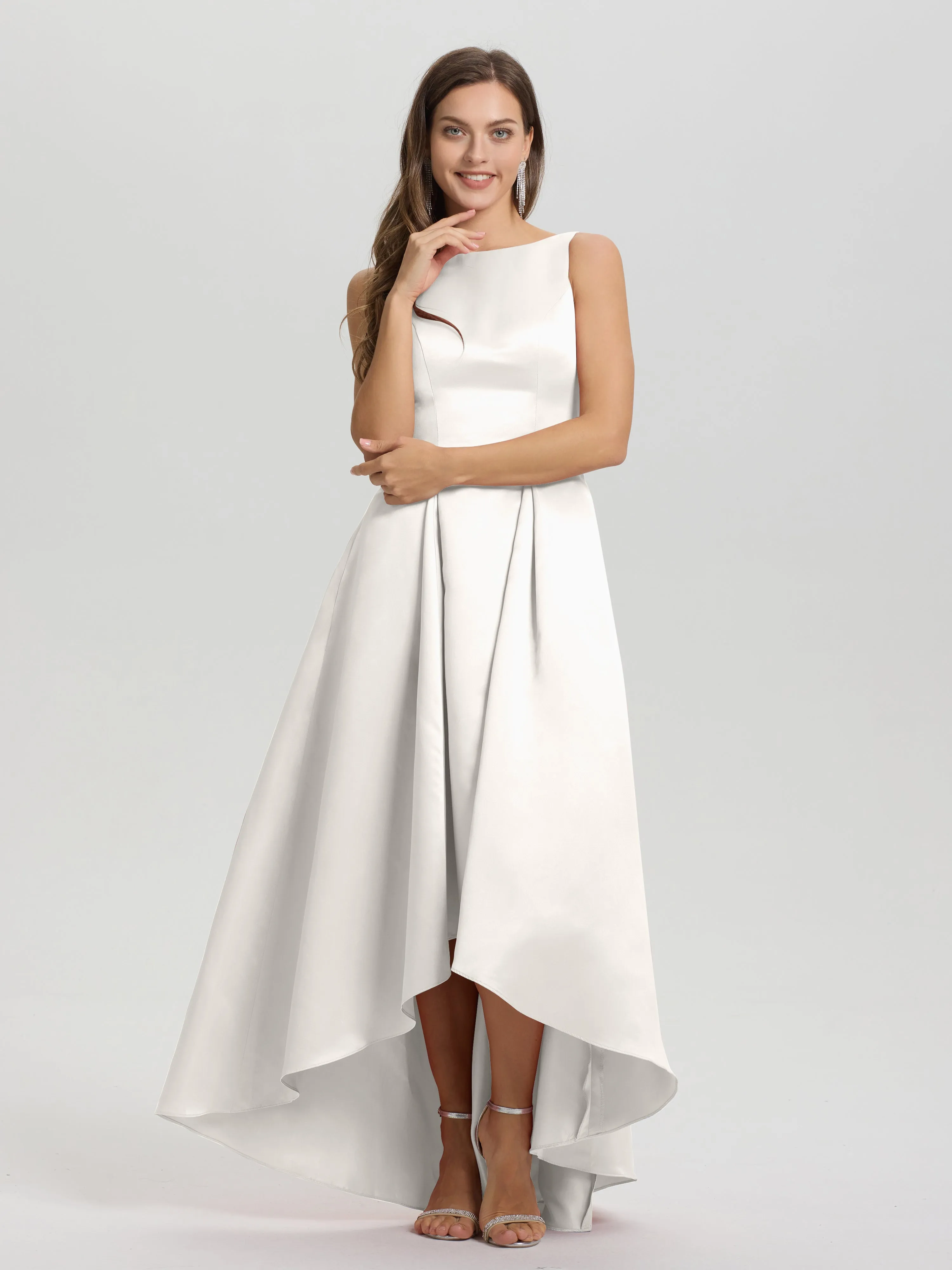 Jewel Sleeveless V-Back Long Satin Bridesmaid Dresses