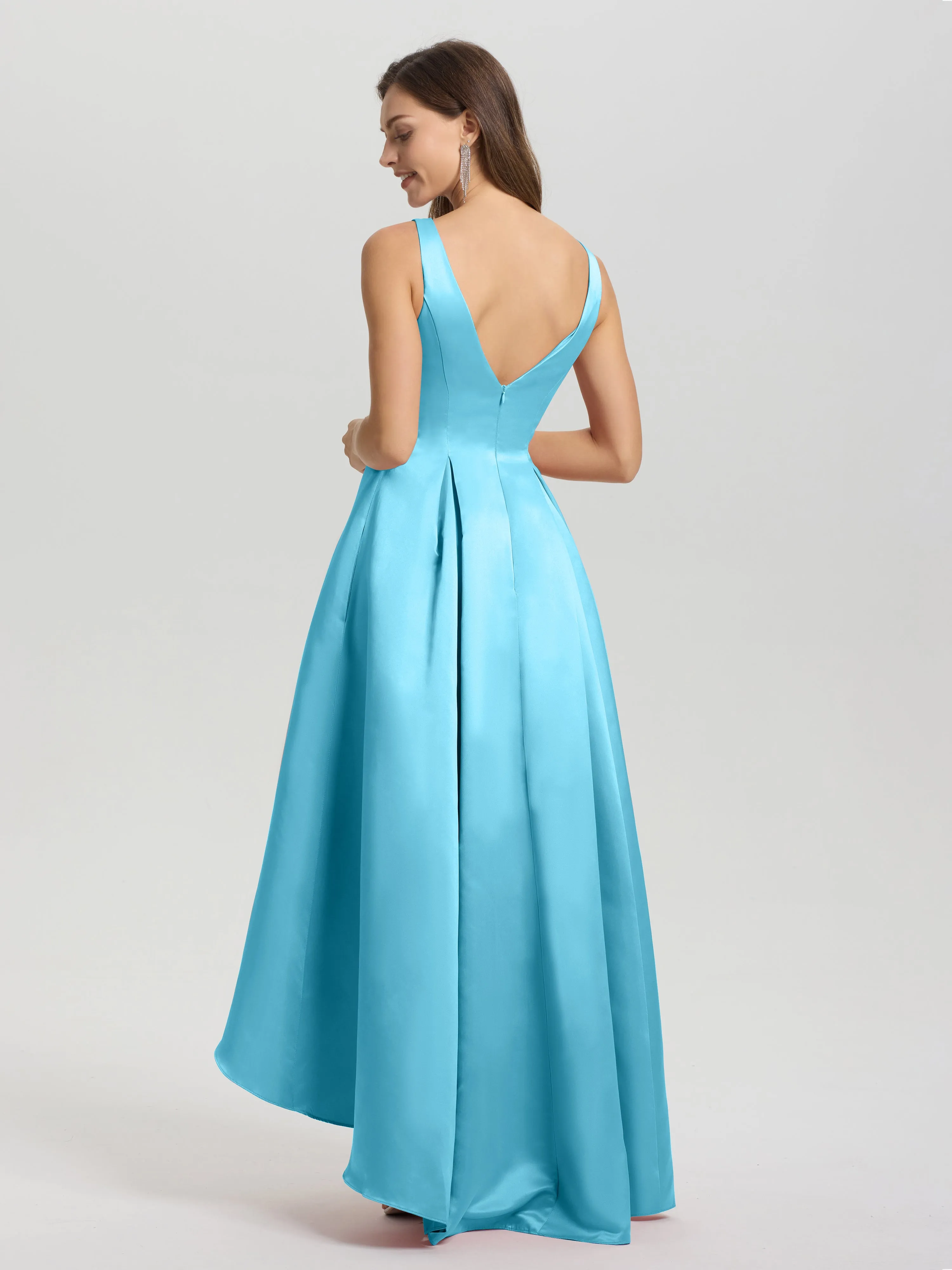Jewel Sleeveless V-Back Long Satin Bridesmaid Dresses