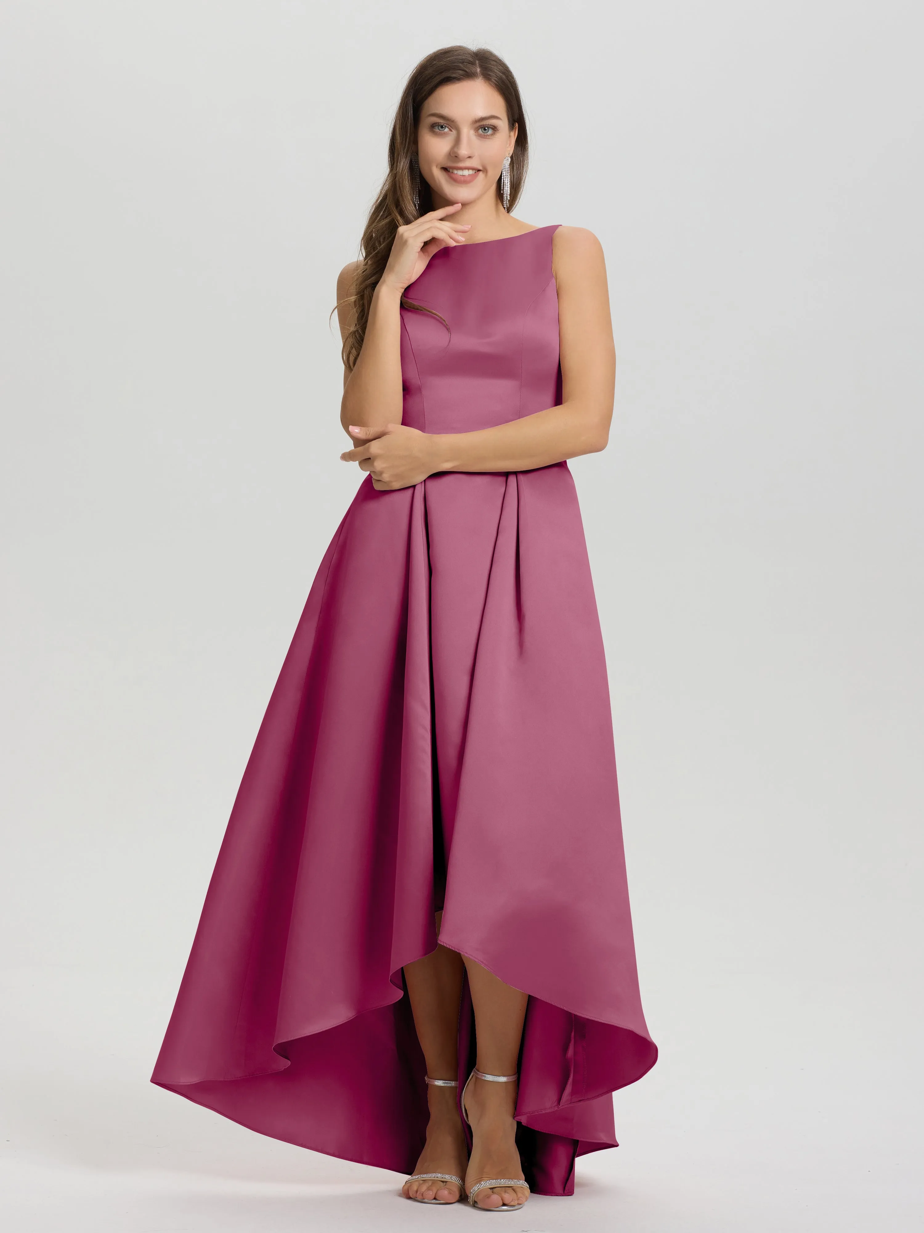 Jewel Sleeveless V-Back Long Satin Bridesmaid Dresses