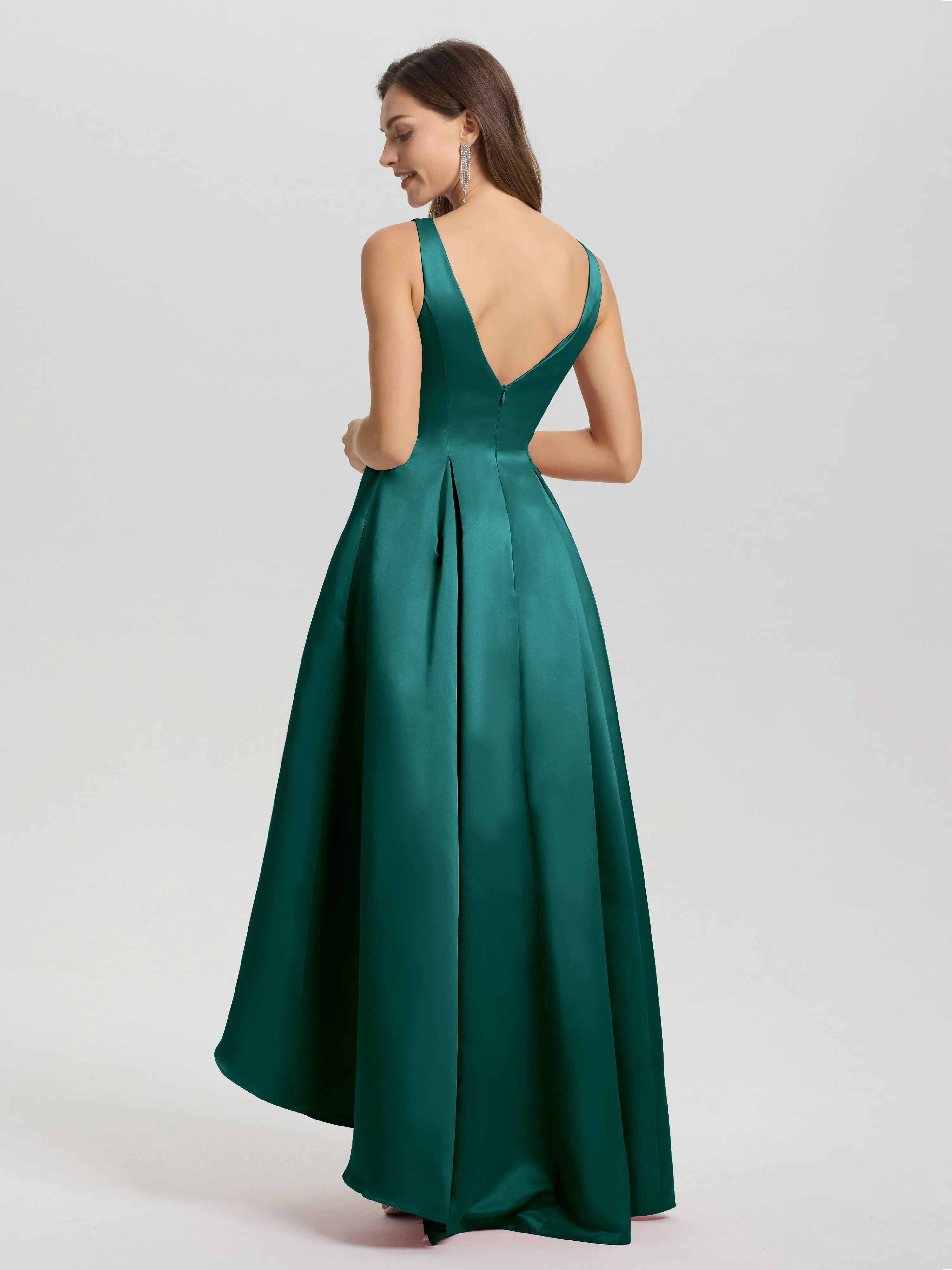 Jewel Sleeveless V-Back Long Satin Bridesmaid Dresses