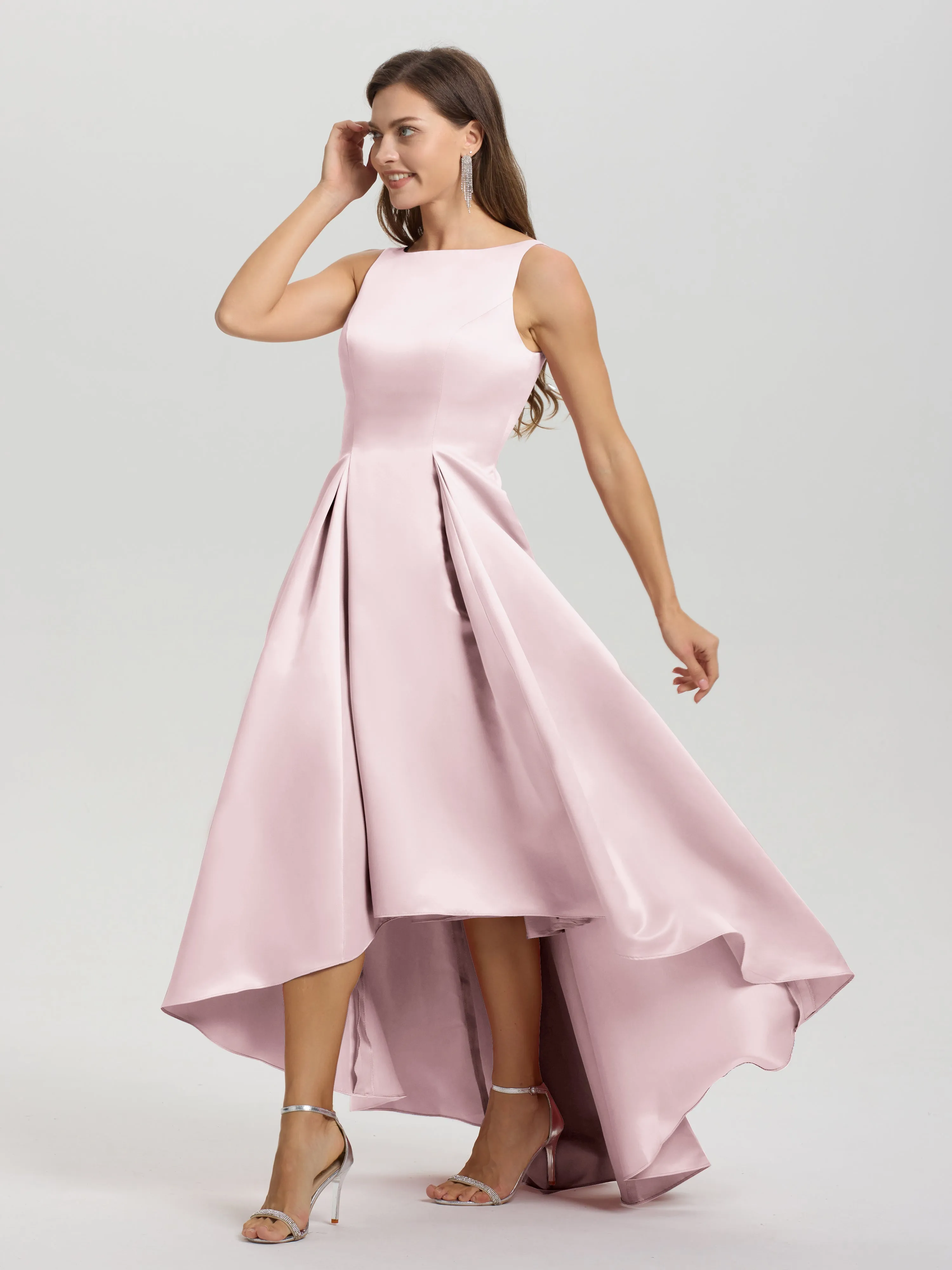 Jewel Sleeveless V-Back Long Satin Bridesmaid Dresses