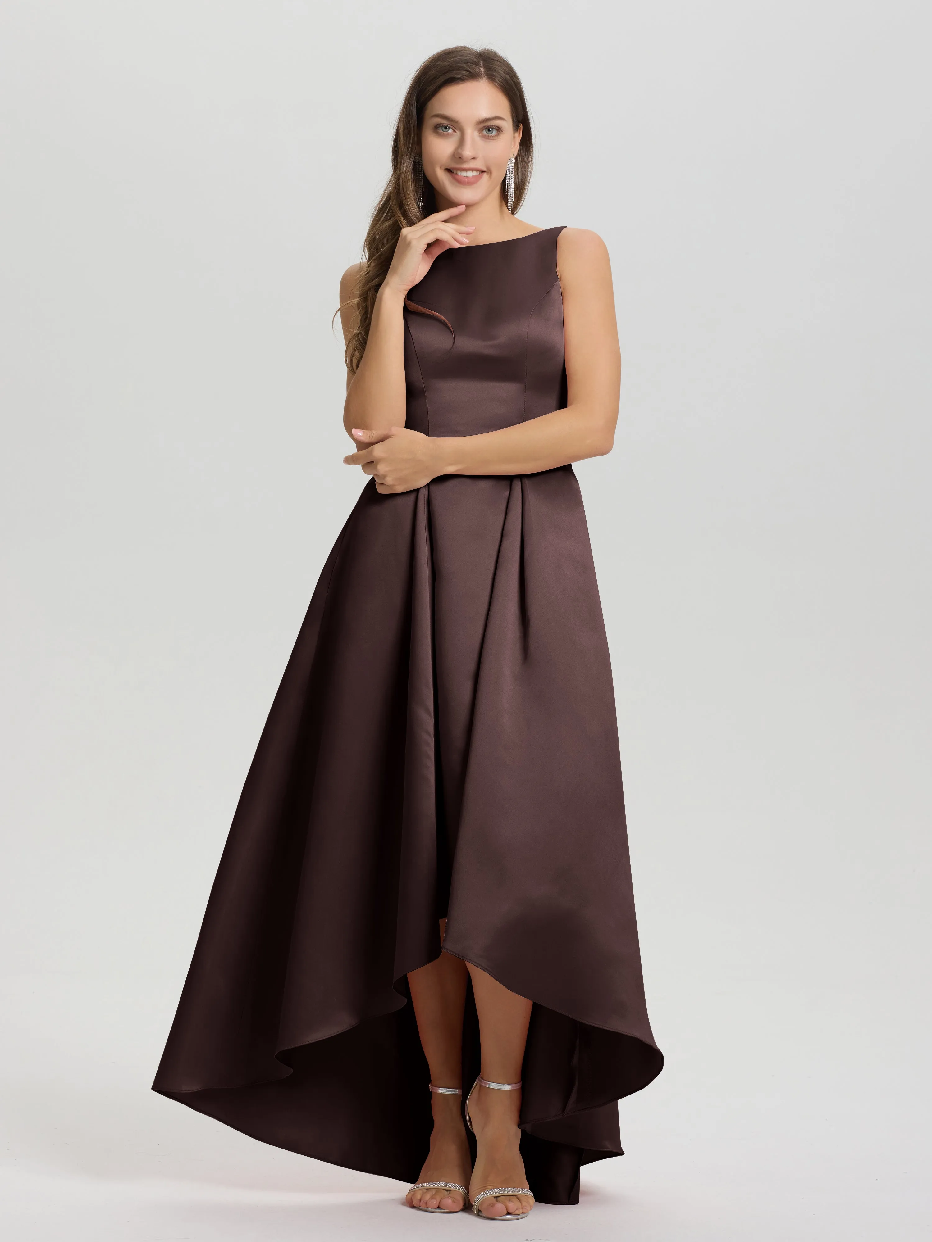 Jewel Sleeveless V-Back Long Satin Bridesmaid Dresses