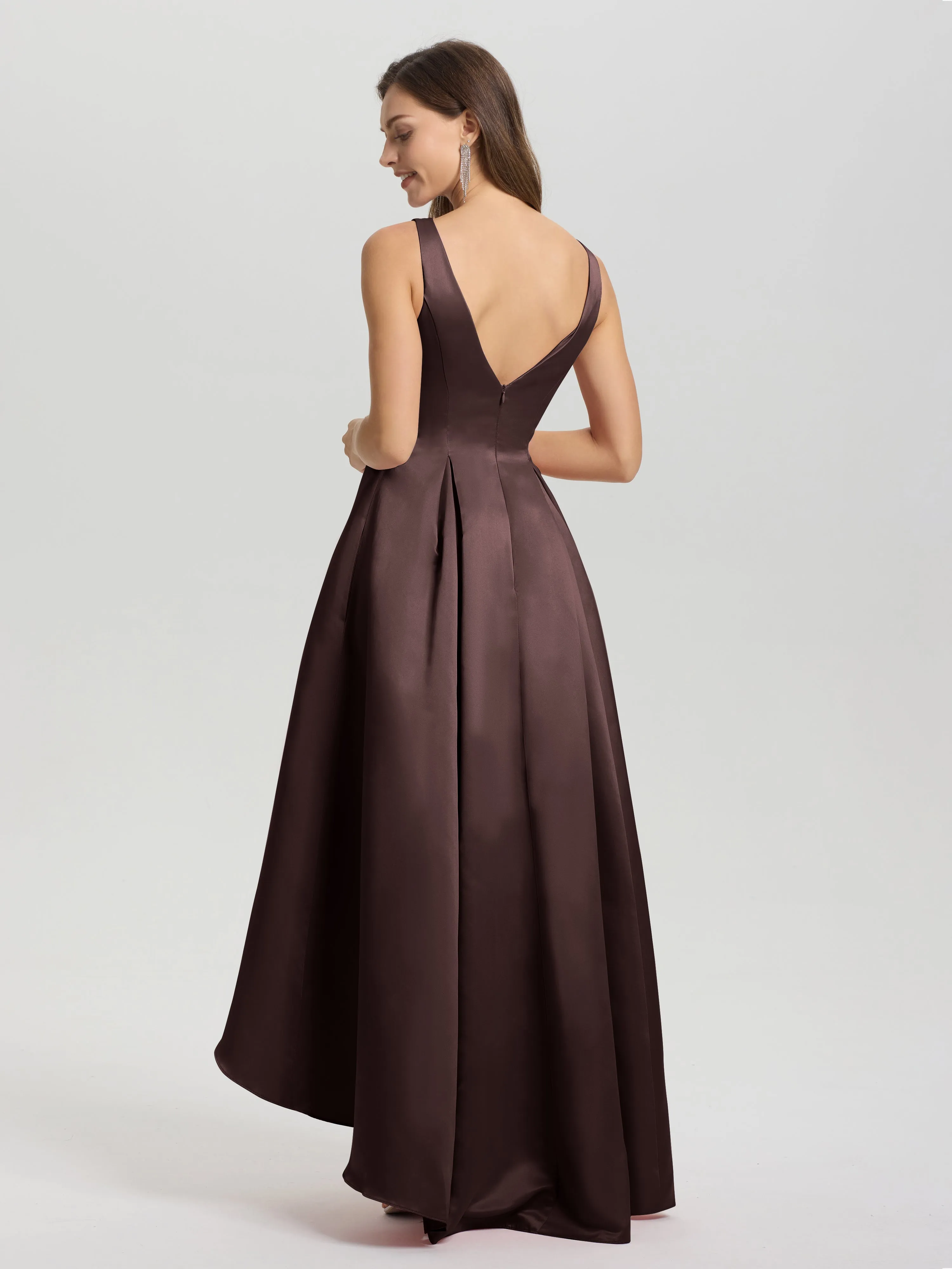 Jewel Sleeveless V-Back Long Satin Bridesmaid Dresses