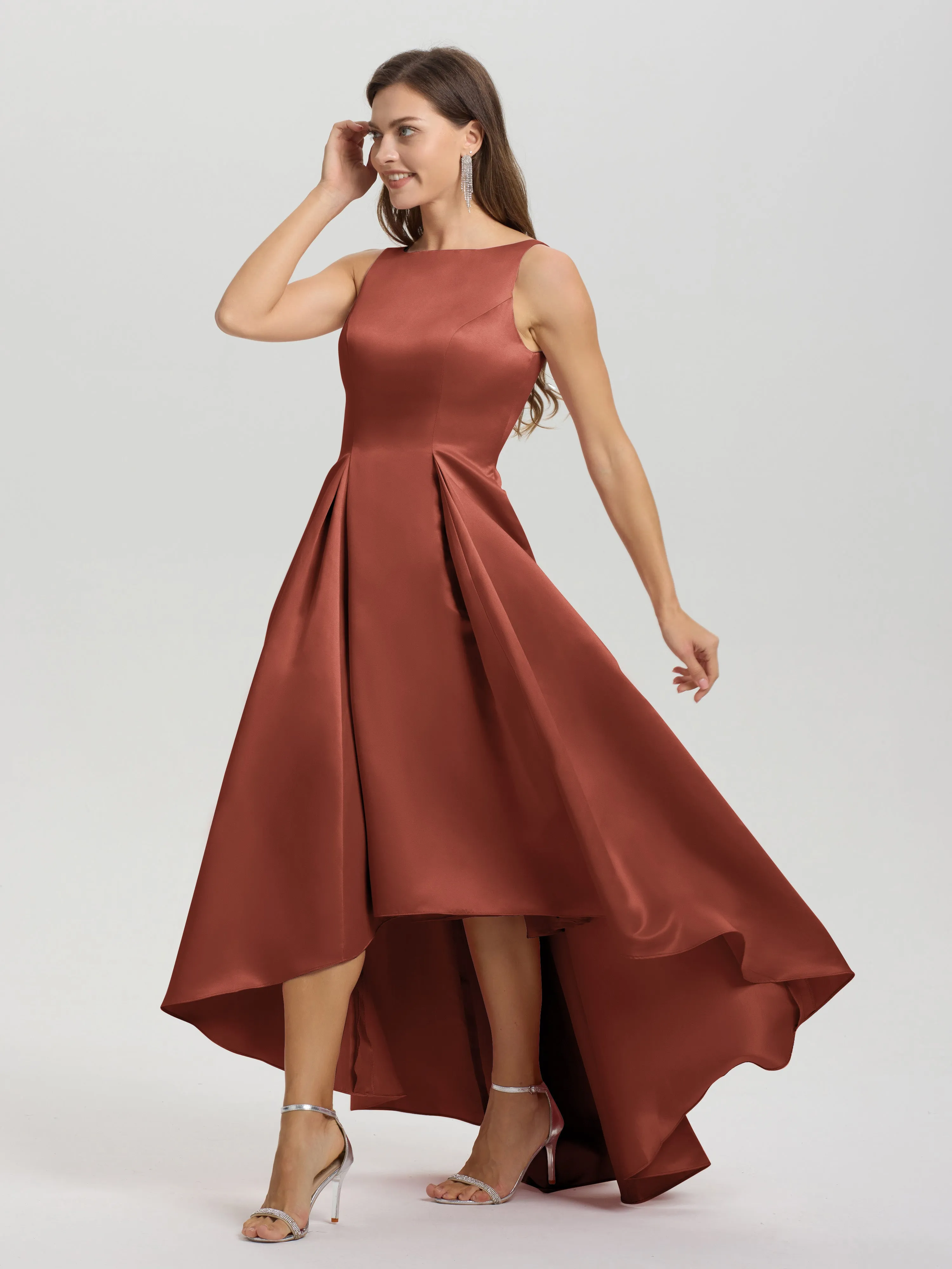 Jewel Sleeveless V-Back Long Satin Bridesmaid Dresses