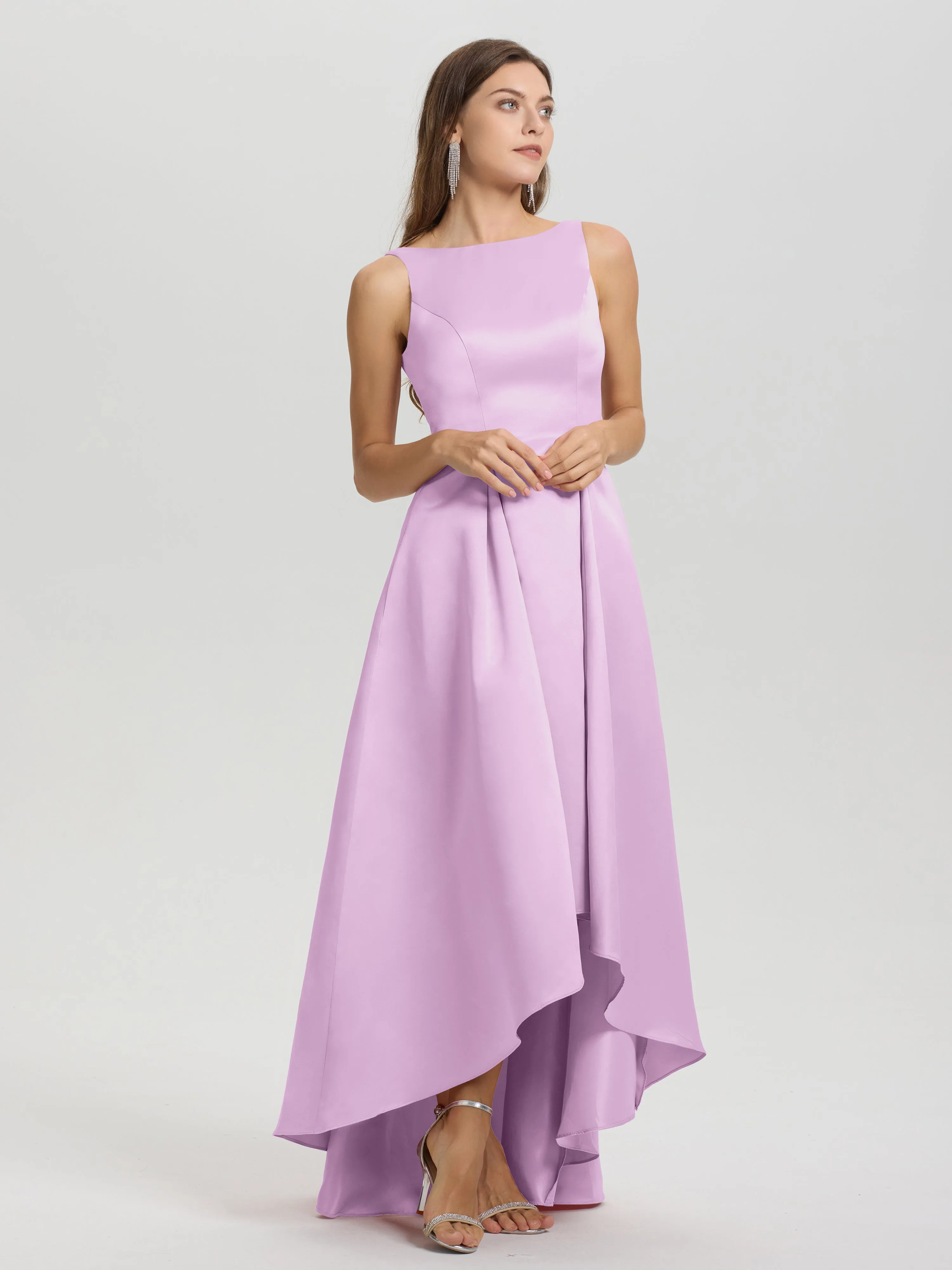 Jewel Sleeveless V-Back Long Satin Bridesmaid Dresses