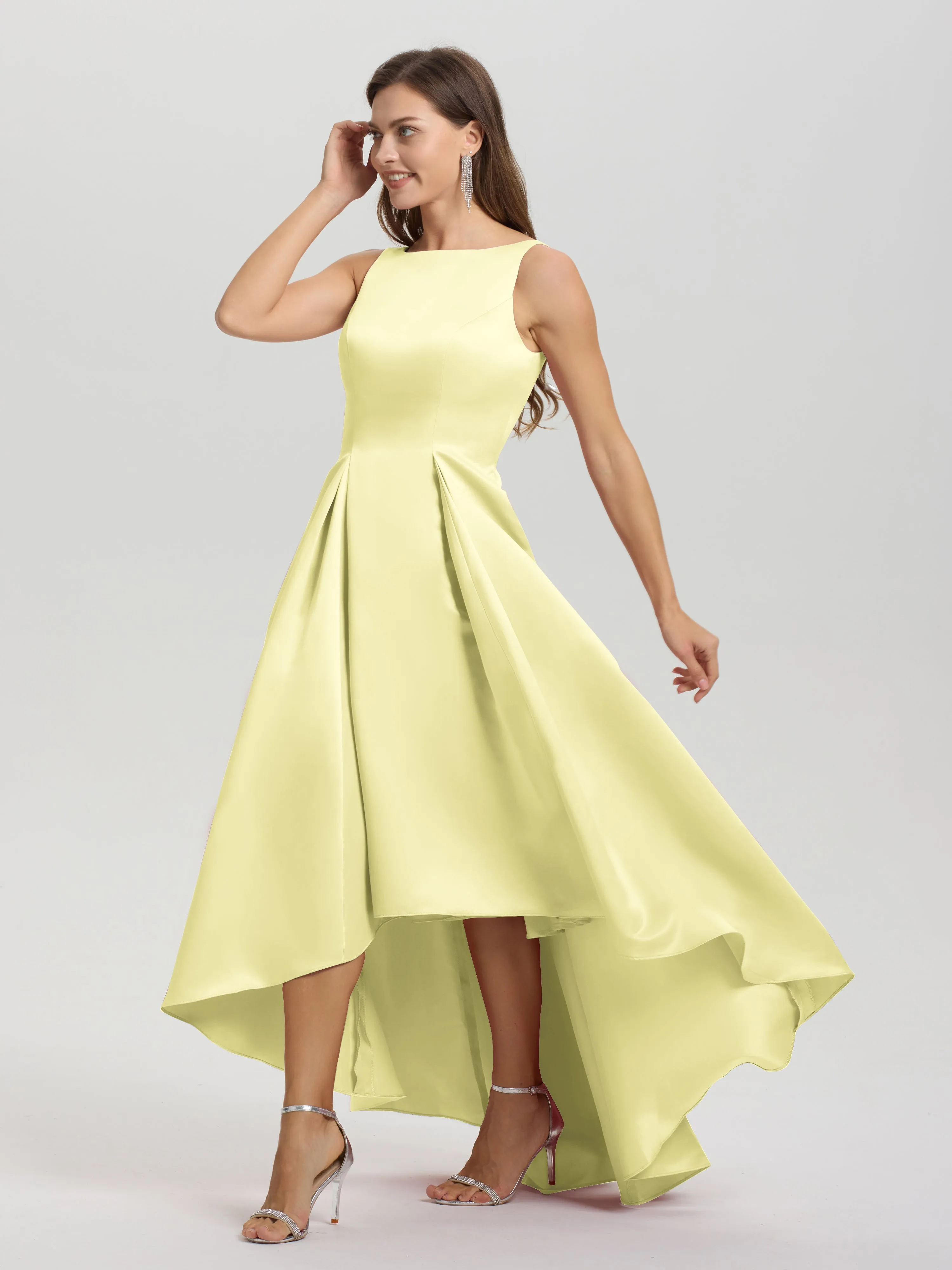 Jewel Sleeveless V-Back Long Satin Bridesmaid Dresses