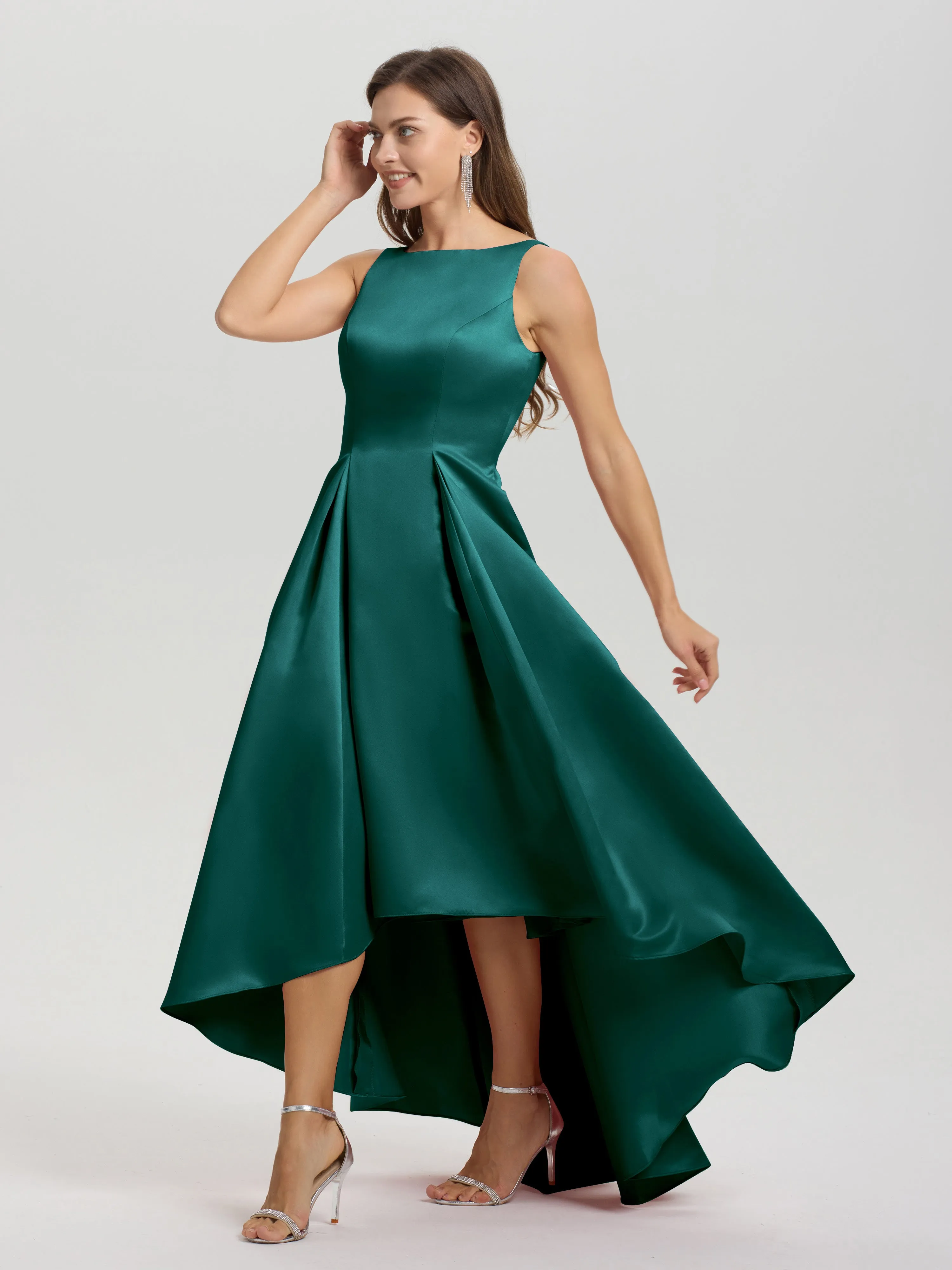 Jewel Sleeveless V-Back Long Satin Bridesmaid Dresses