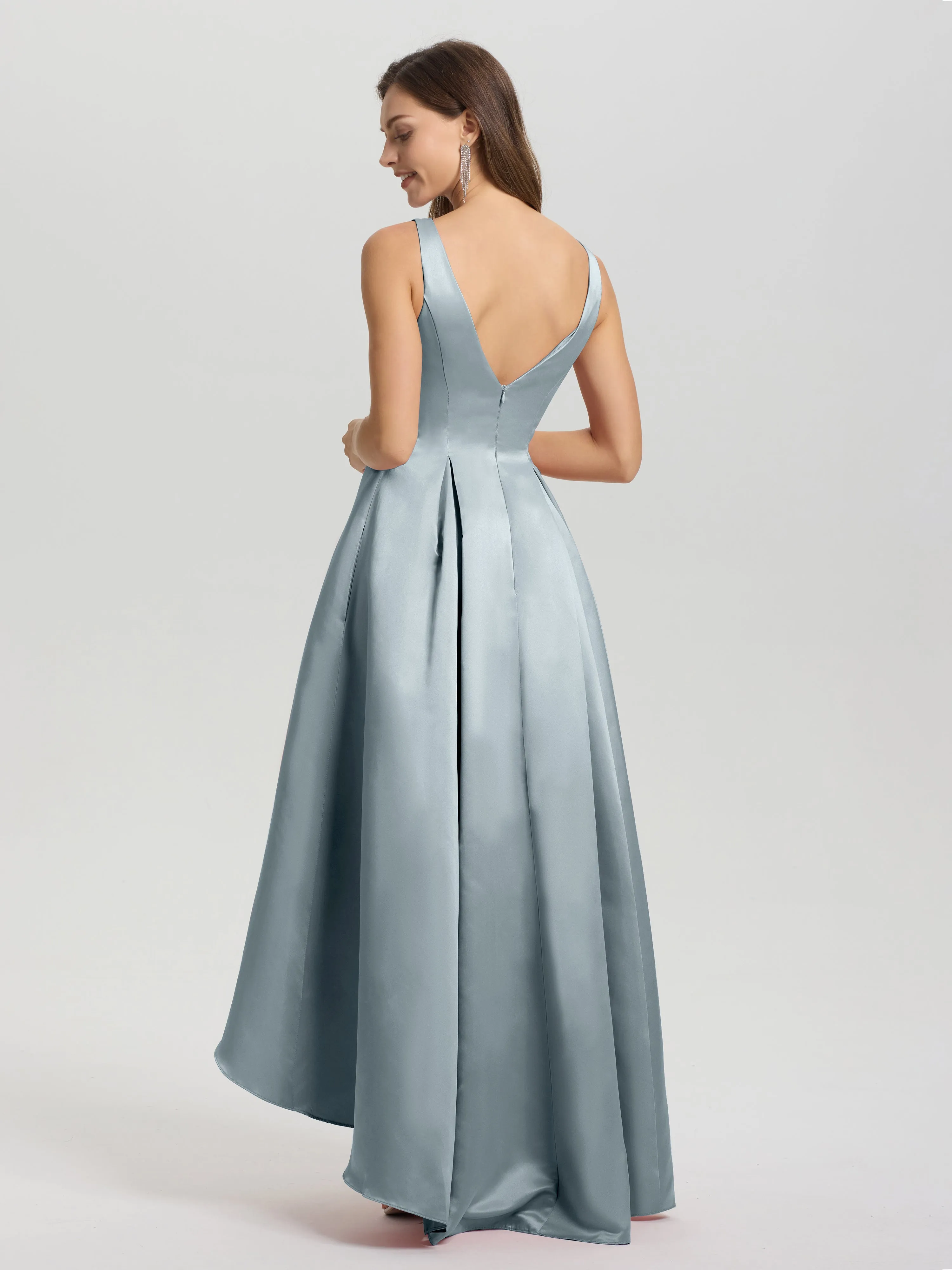 Jewel Sleeveless V-Back Long Satin Bridesmaid Dresses