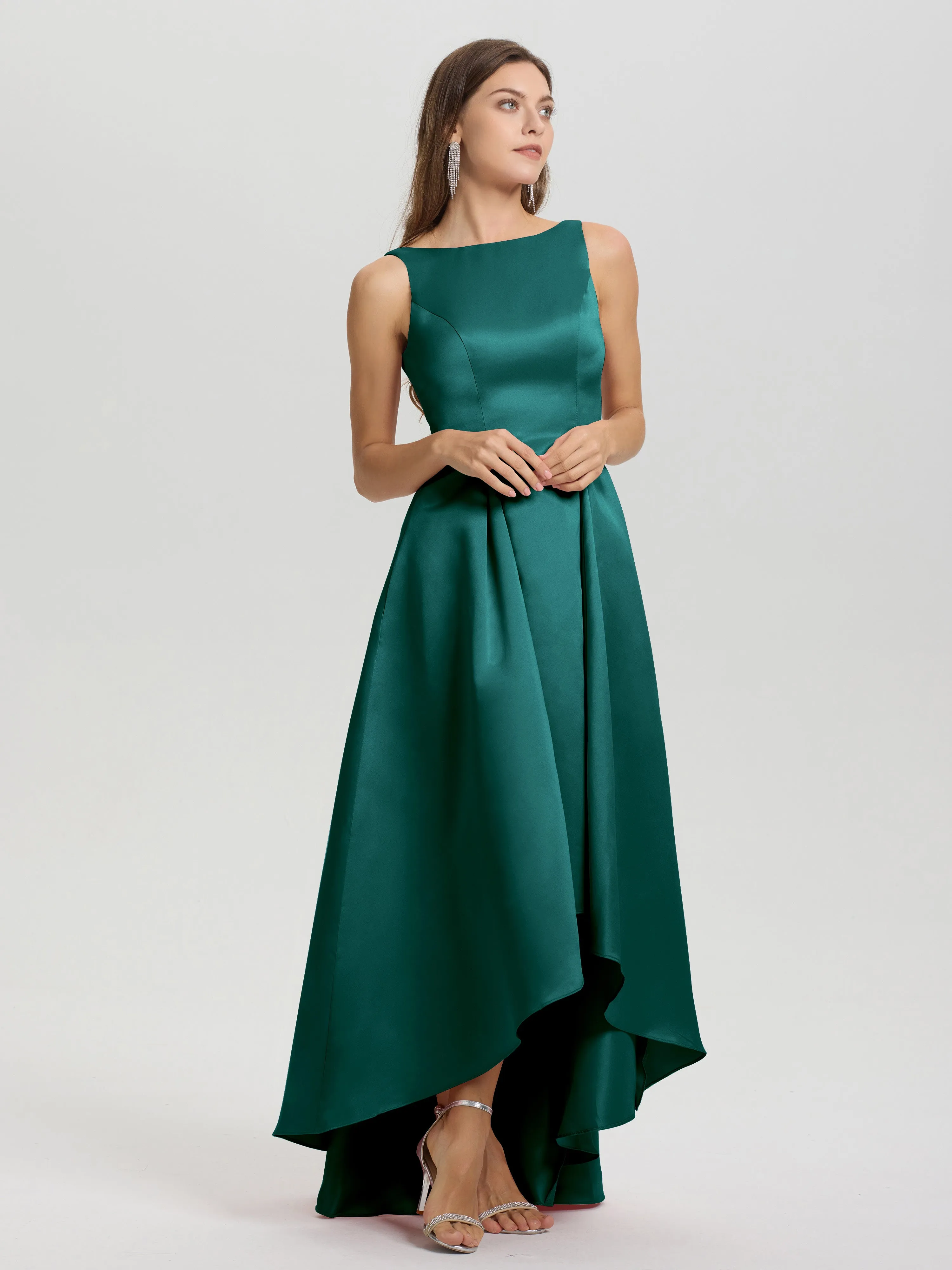 Jewel Sleeveless V-Back Long Satin Bridesmaid Dresses