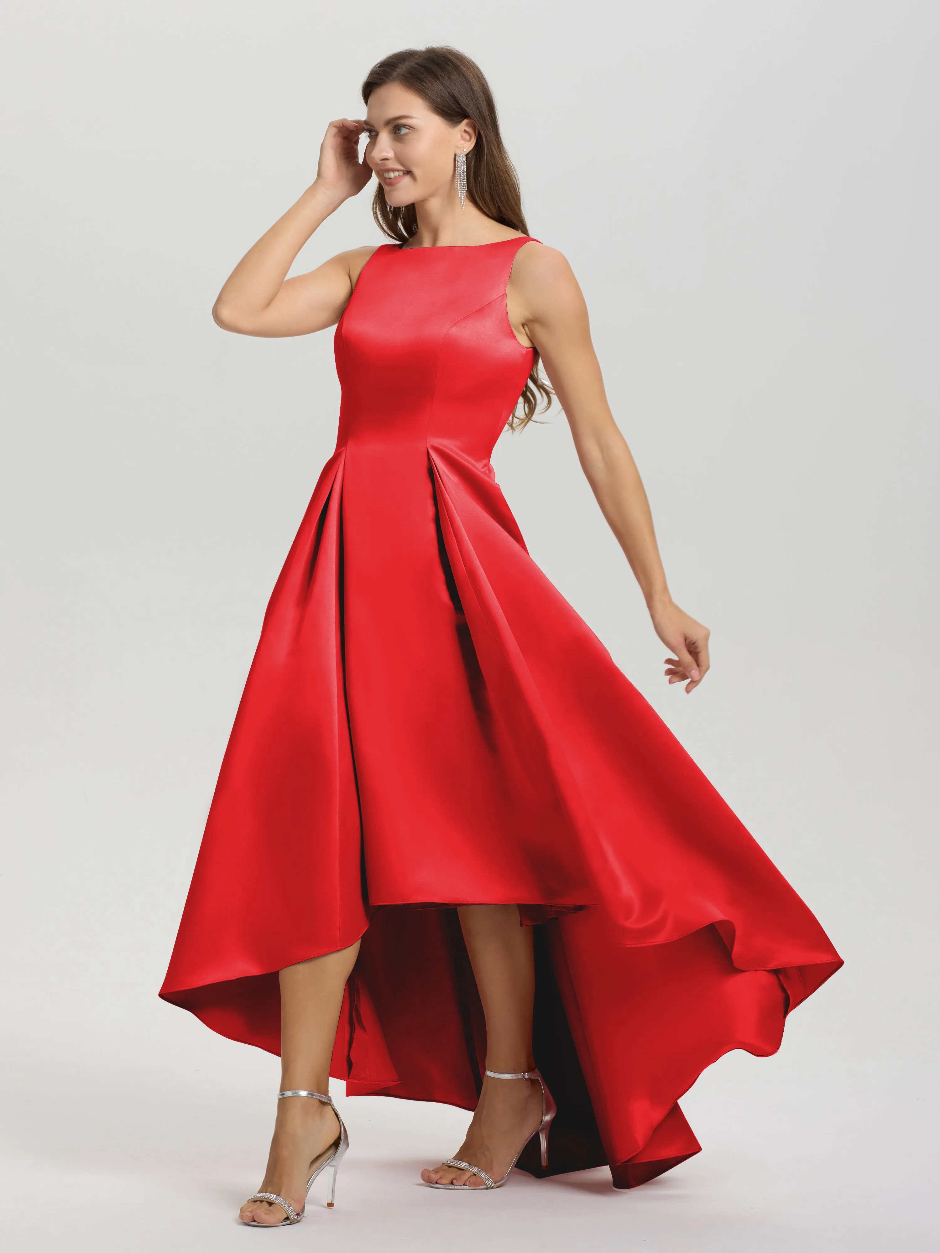 Jewel Sleeveless V-Back Long Satin Bridesmaid Dresses