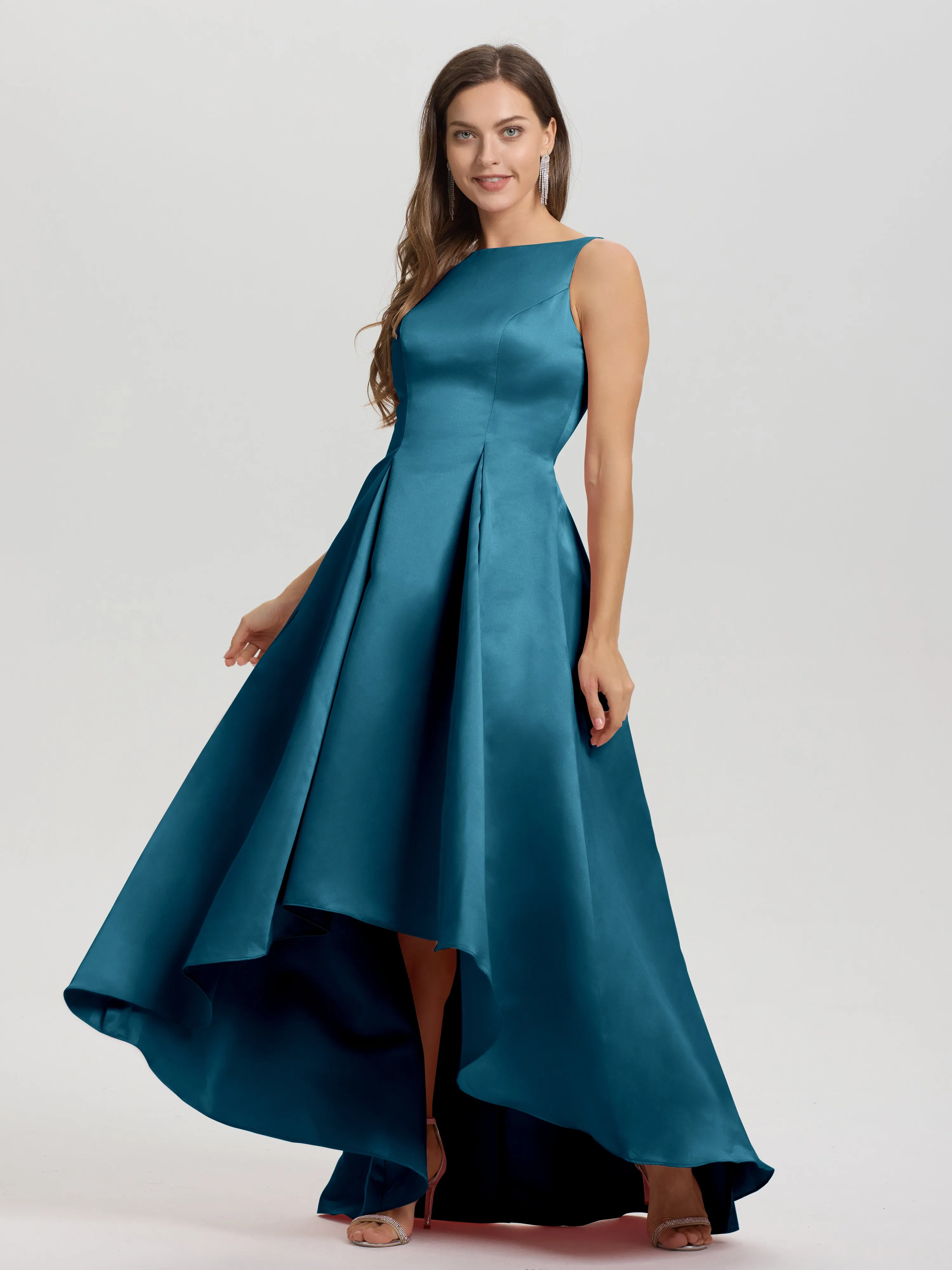 Jewel Sleeveless V-Back Long Satin Bridesmaid Dresses
