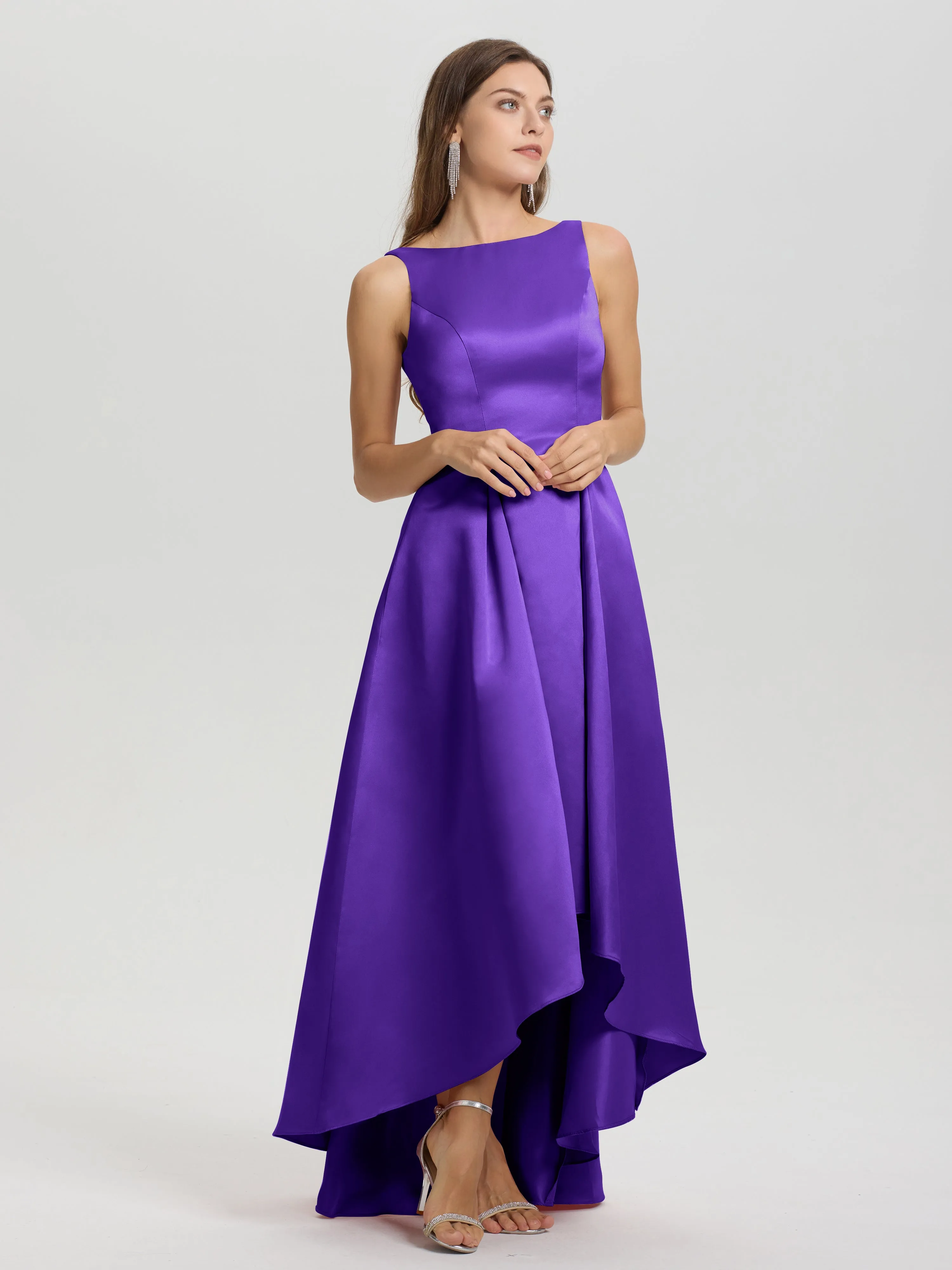 Jewel Sleeveless V-Back Long Satin Bridesmaid Dresses
