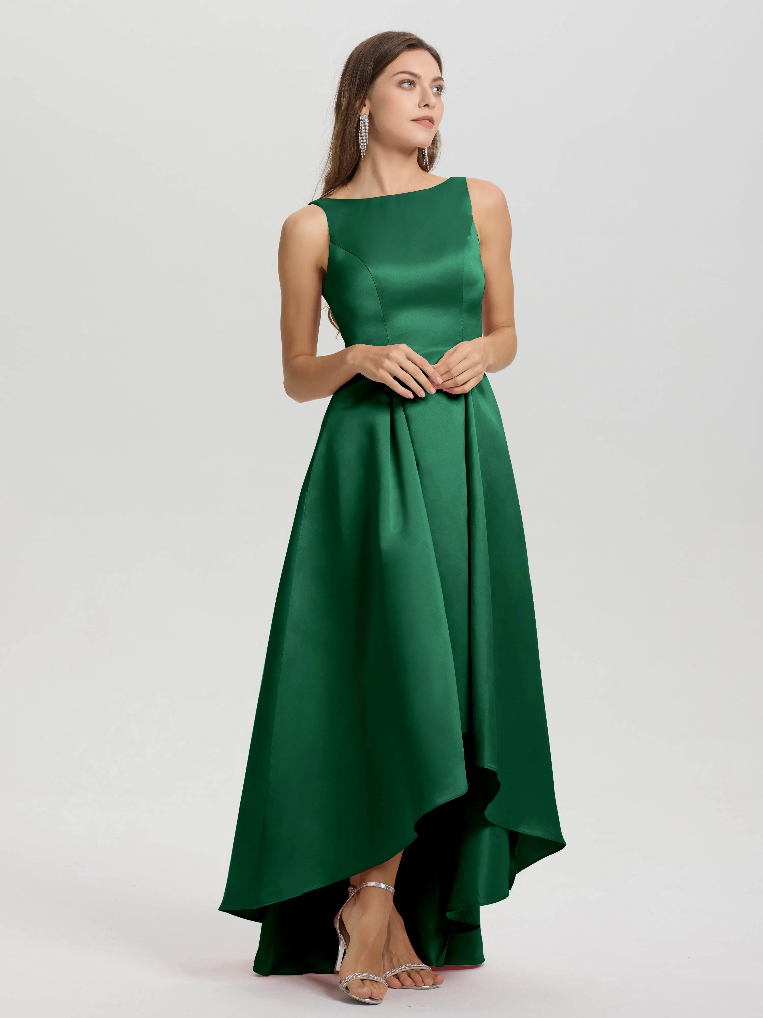 Jewel Sleeveless V-Back Long Satin Bridesmaid Dresses