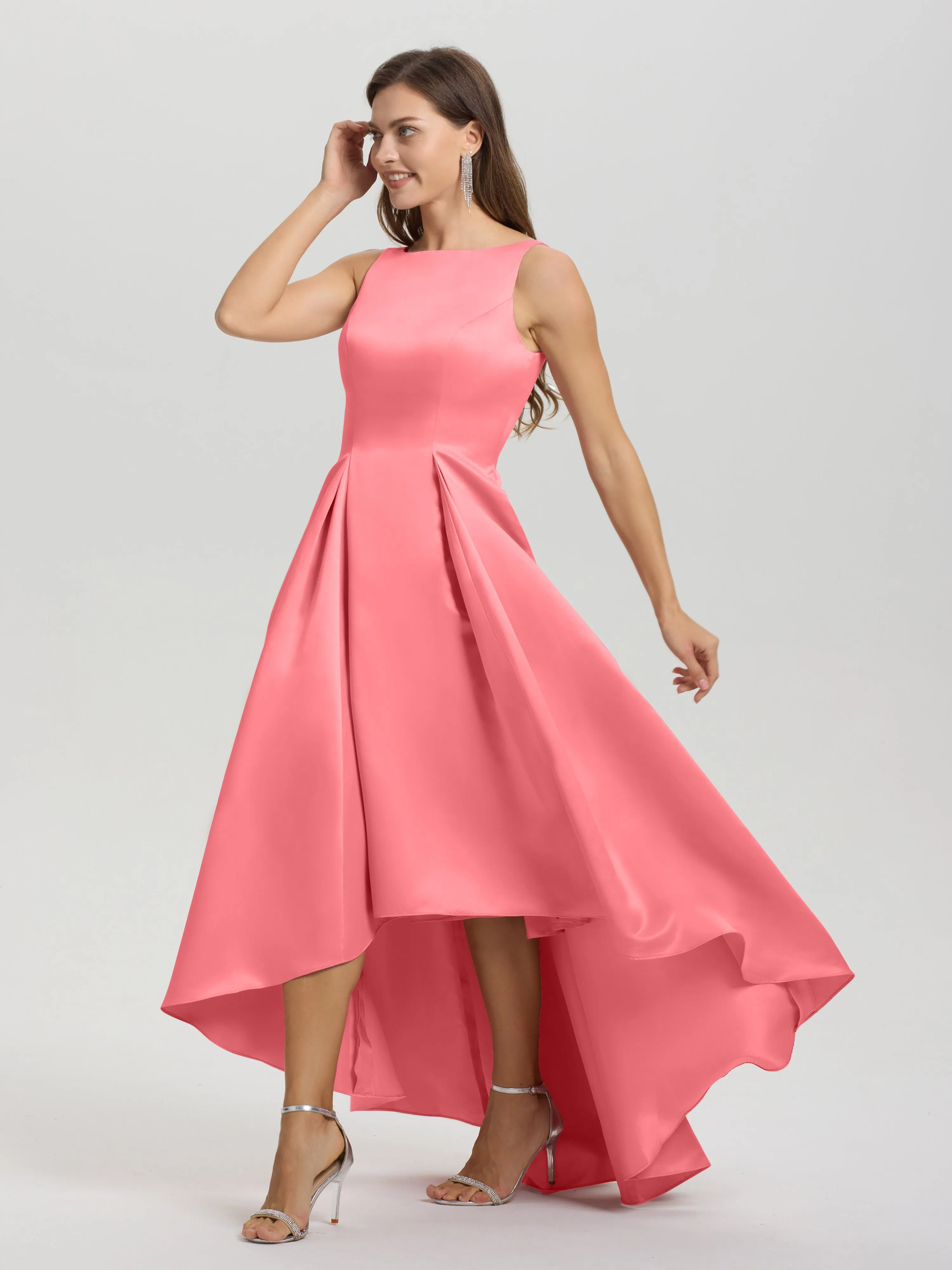 Jewel Sleeveless V-Back Long Satin Bridesmaid Dresses