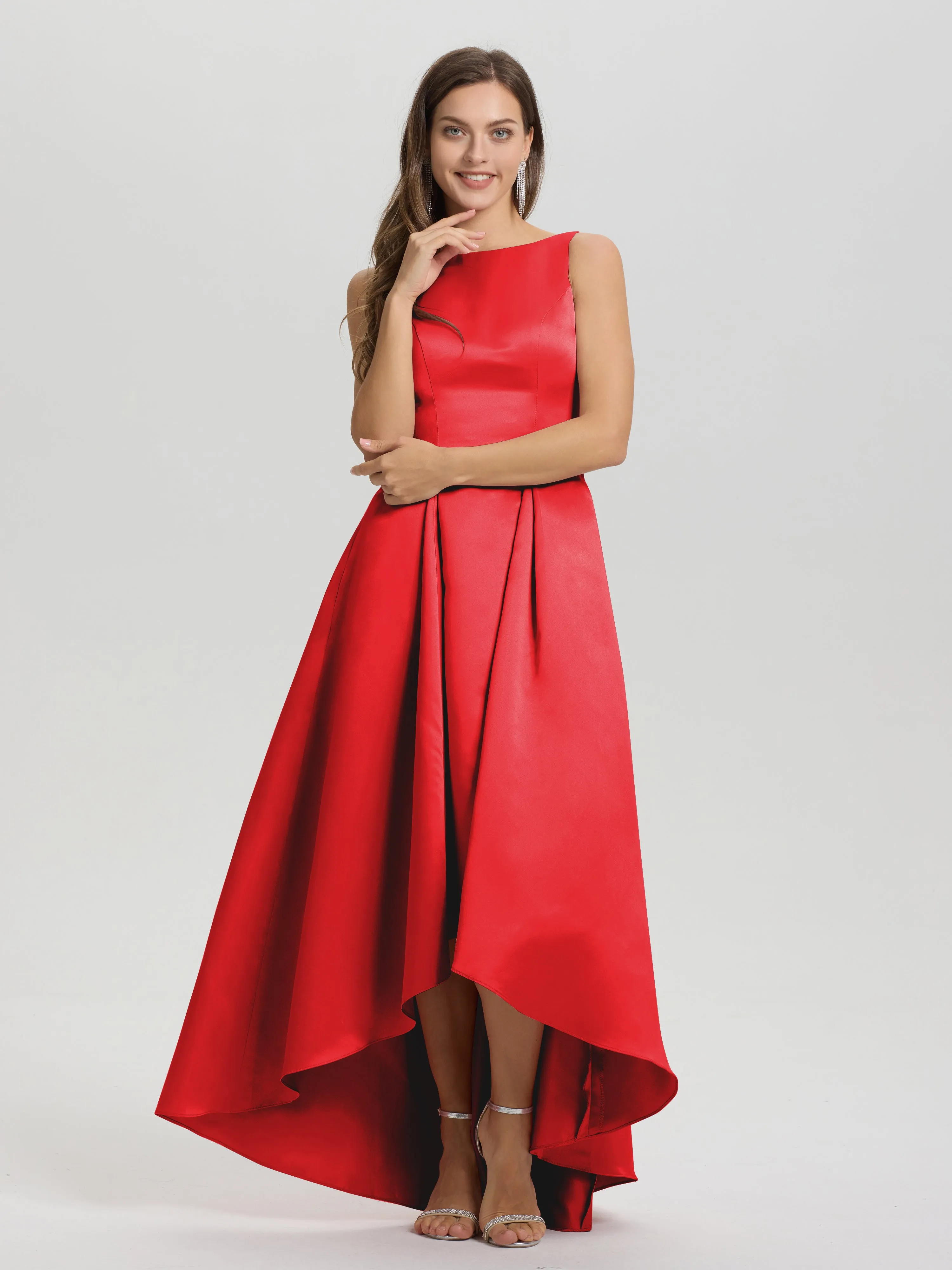 Jewel Sleeveless V-Back Long Satin Bridesmaid Dresses