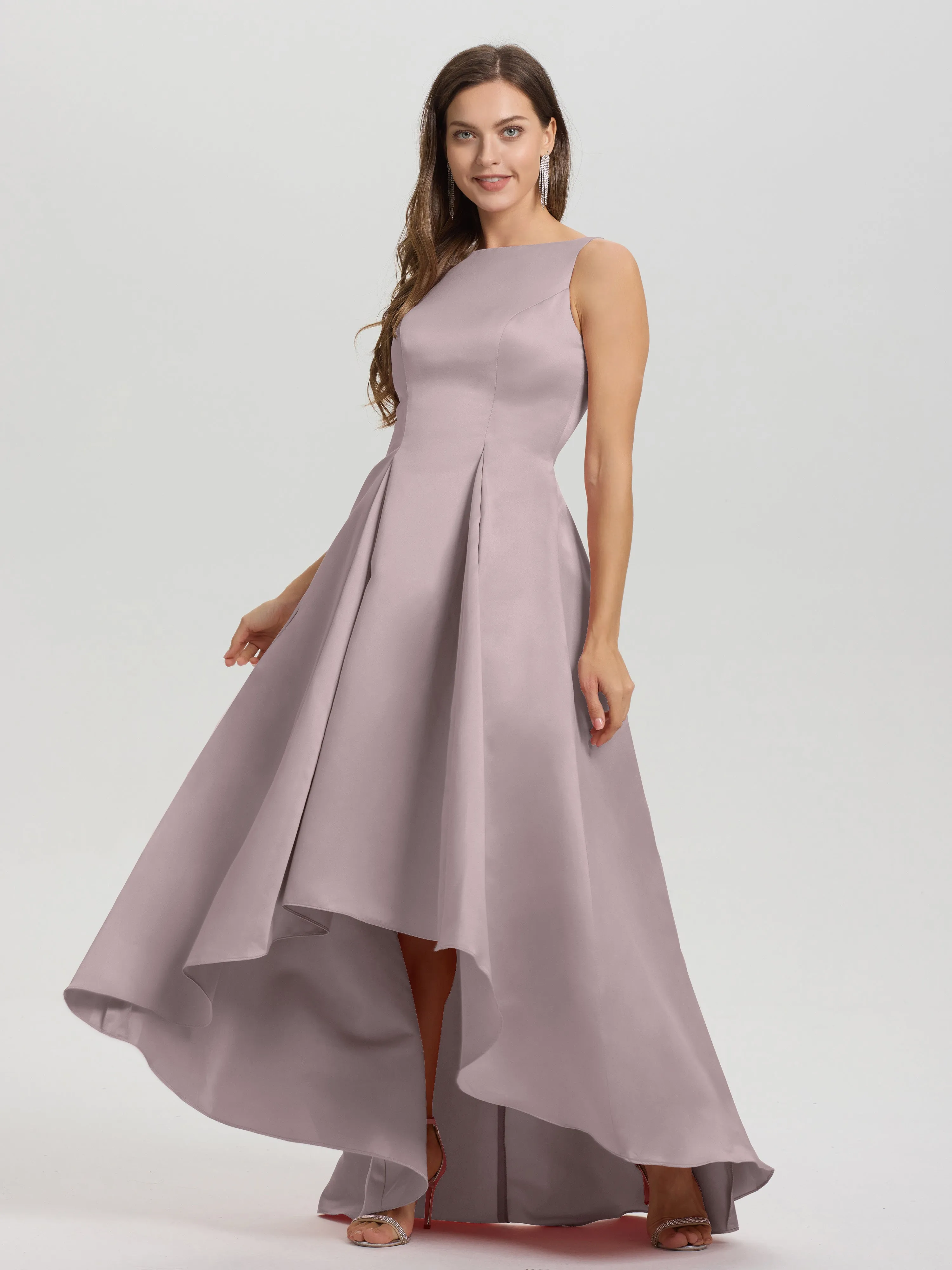 Jewel Sleeveless V-Back Long Satin Bridesmaid Dresses
