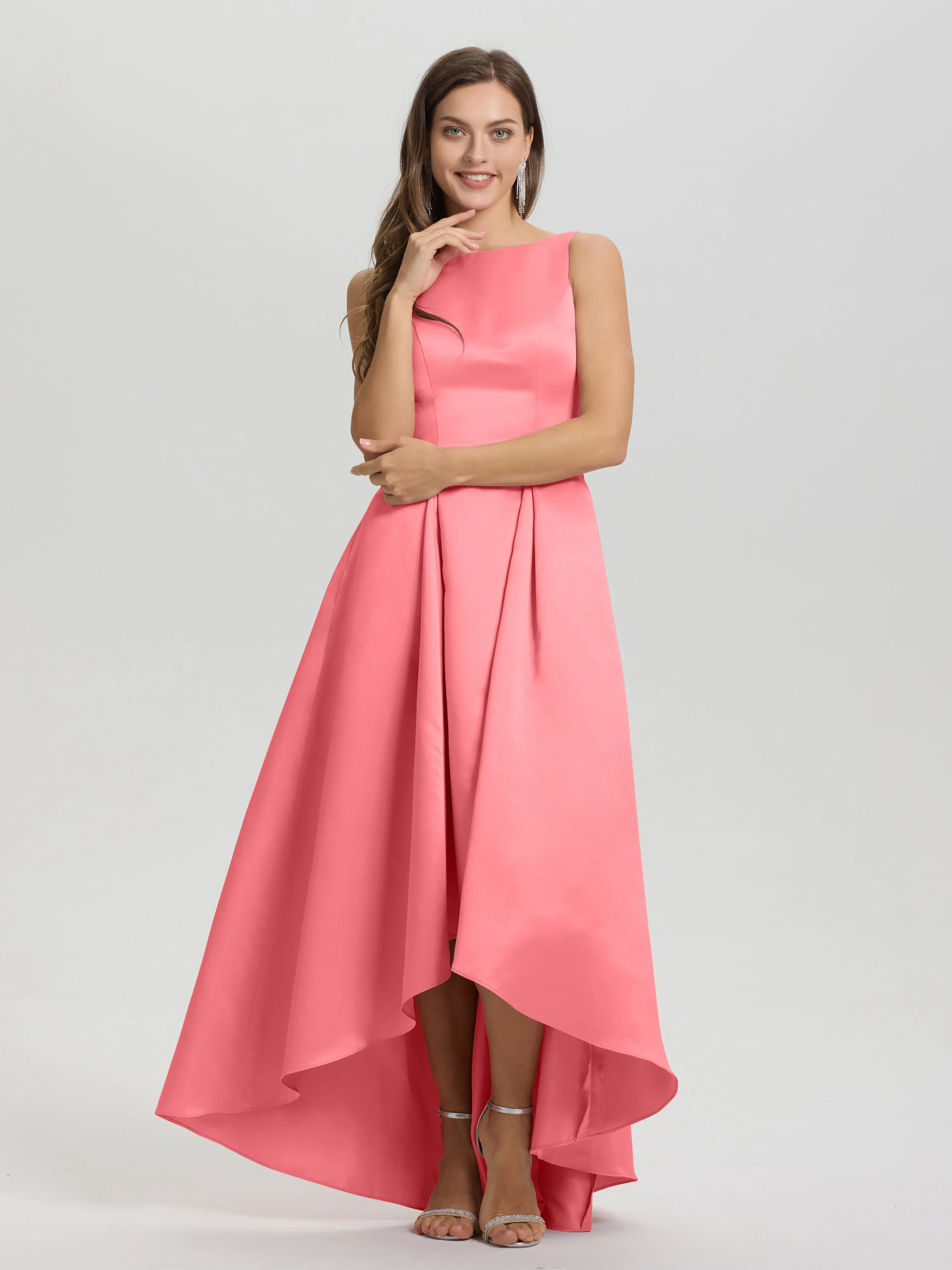 Jewel Sleeveless V-Back Long Satin Bridesmaid Dresses