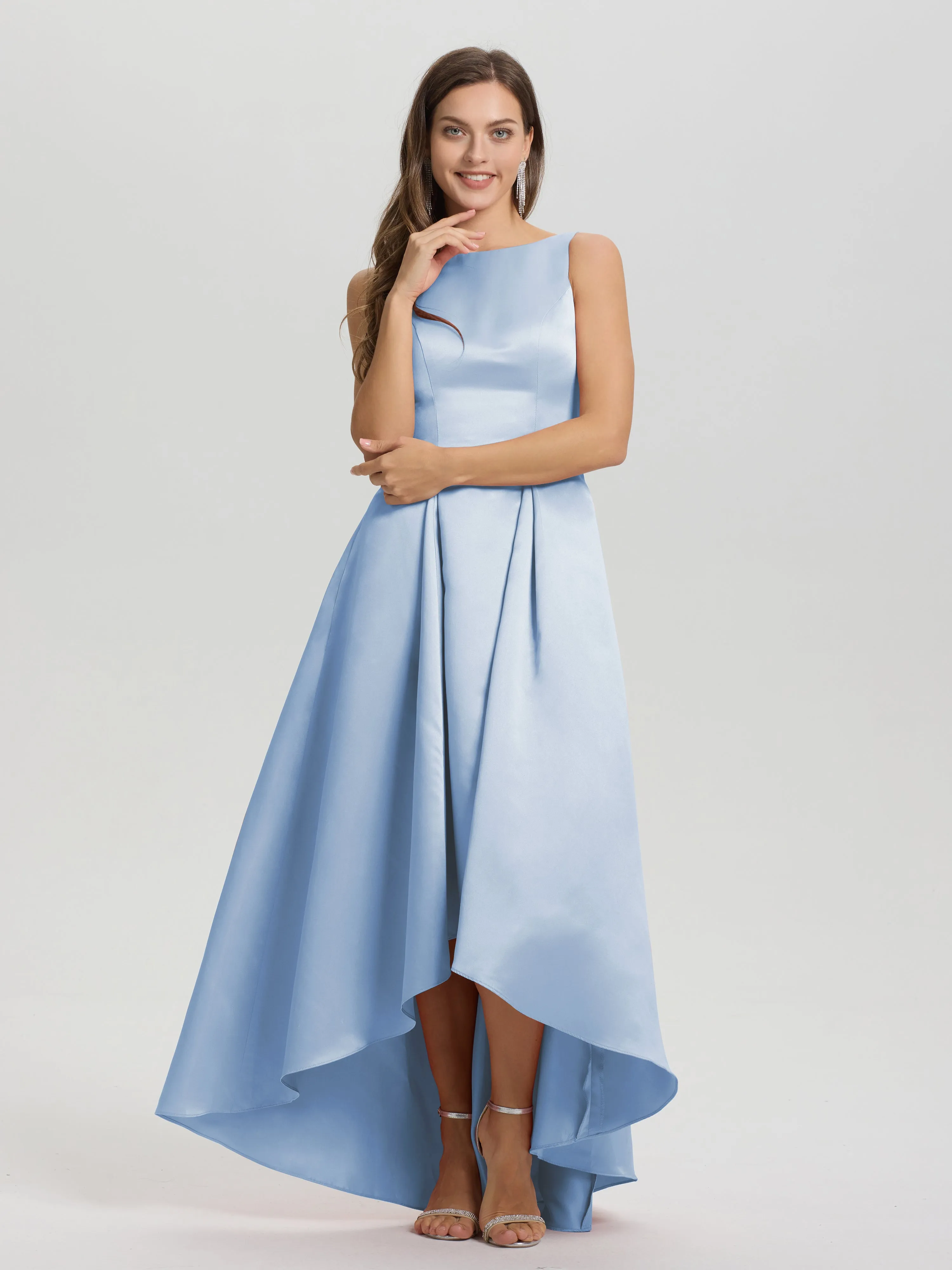 Jewel Sleeveless V-Back Long Satin Bridesmaid Dresses