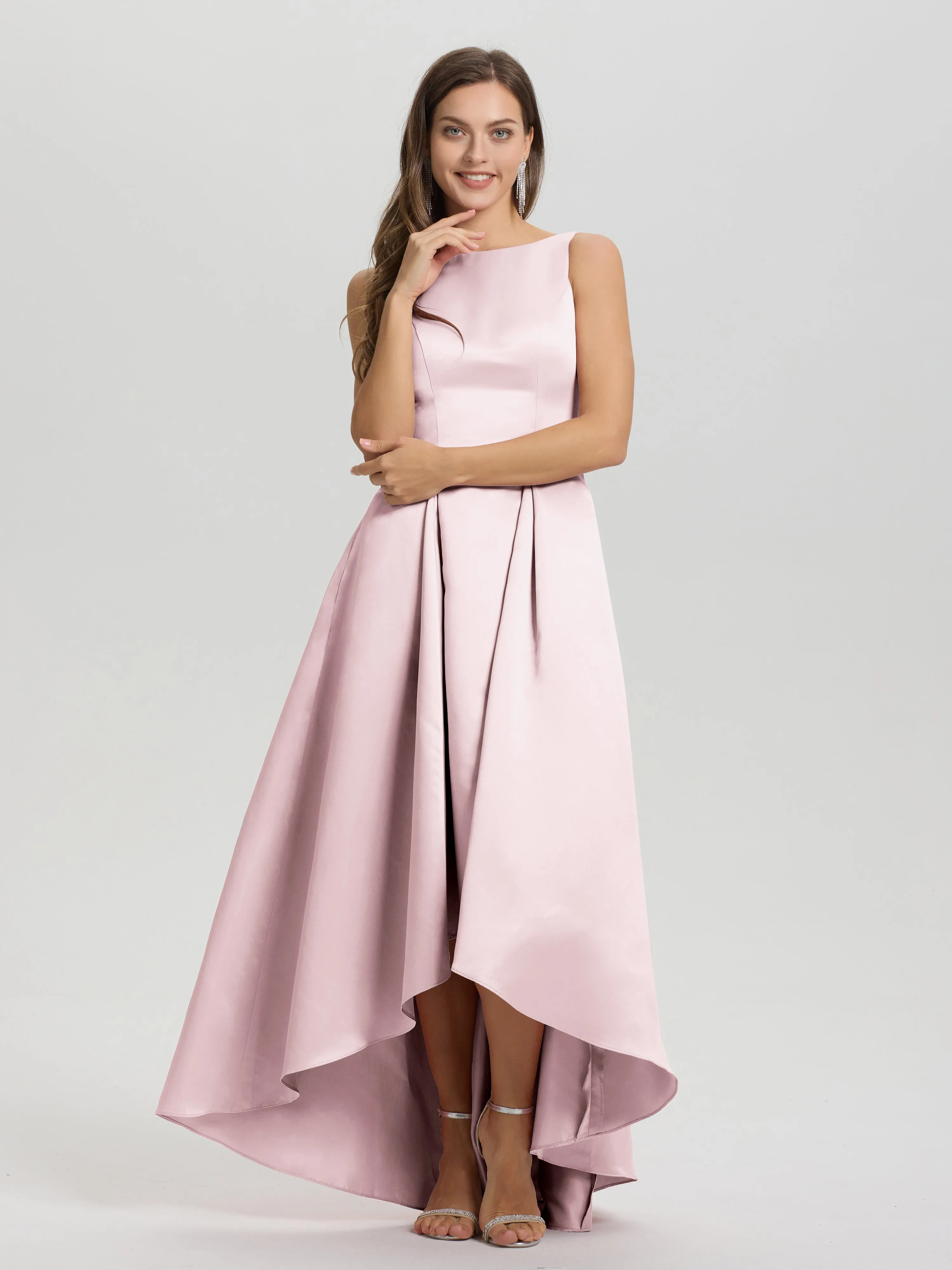 Jewel Sleeveless V-Back Long Satin Bridesmaid Dresses