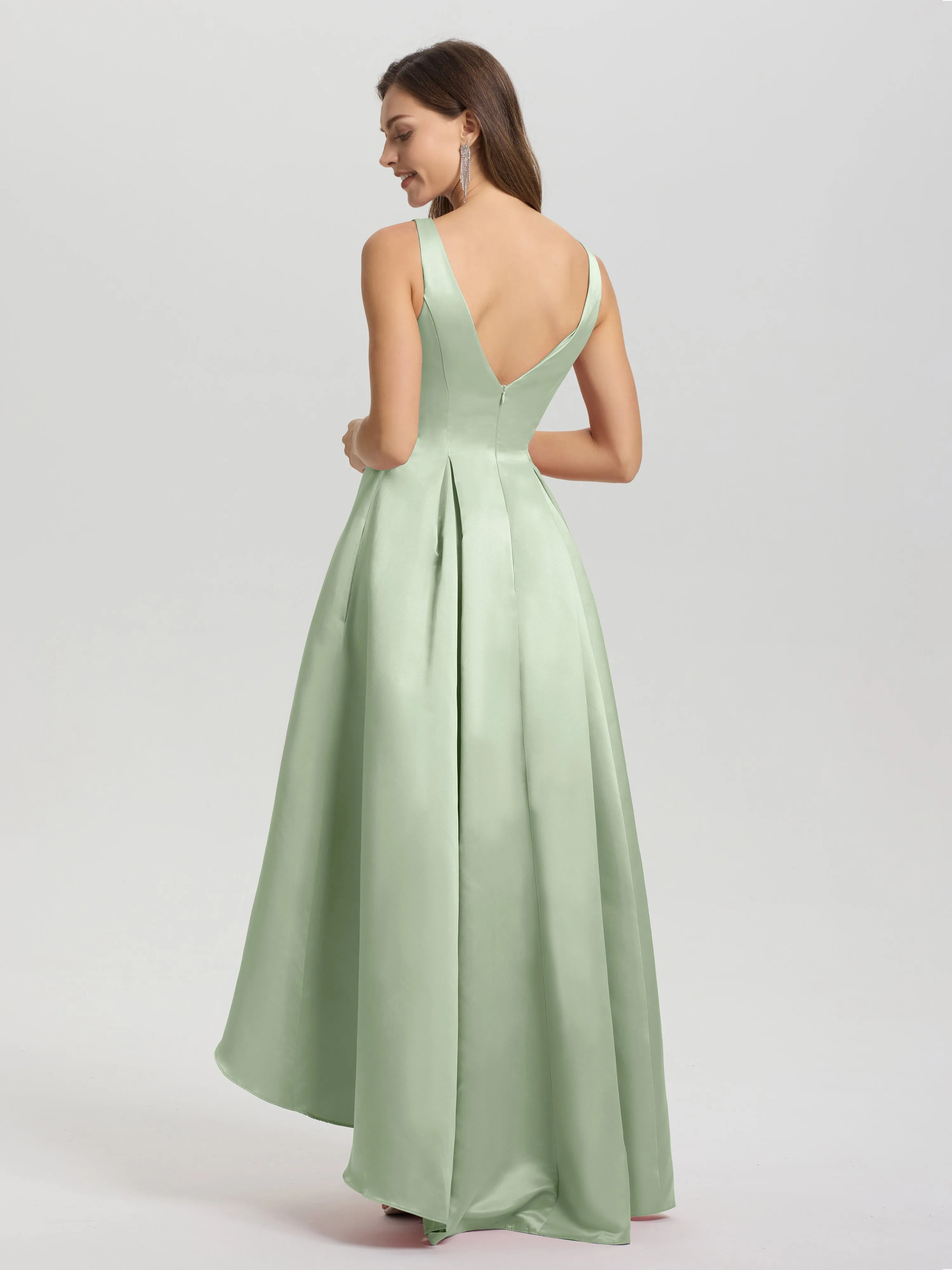 Jewel Sleeveless V-Back Long Satin Bridesmaid Dresses