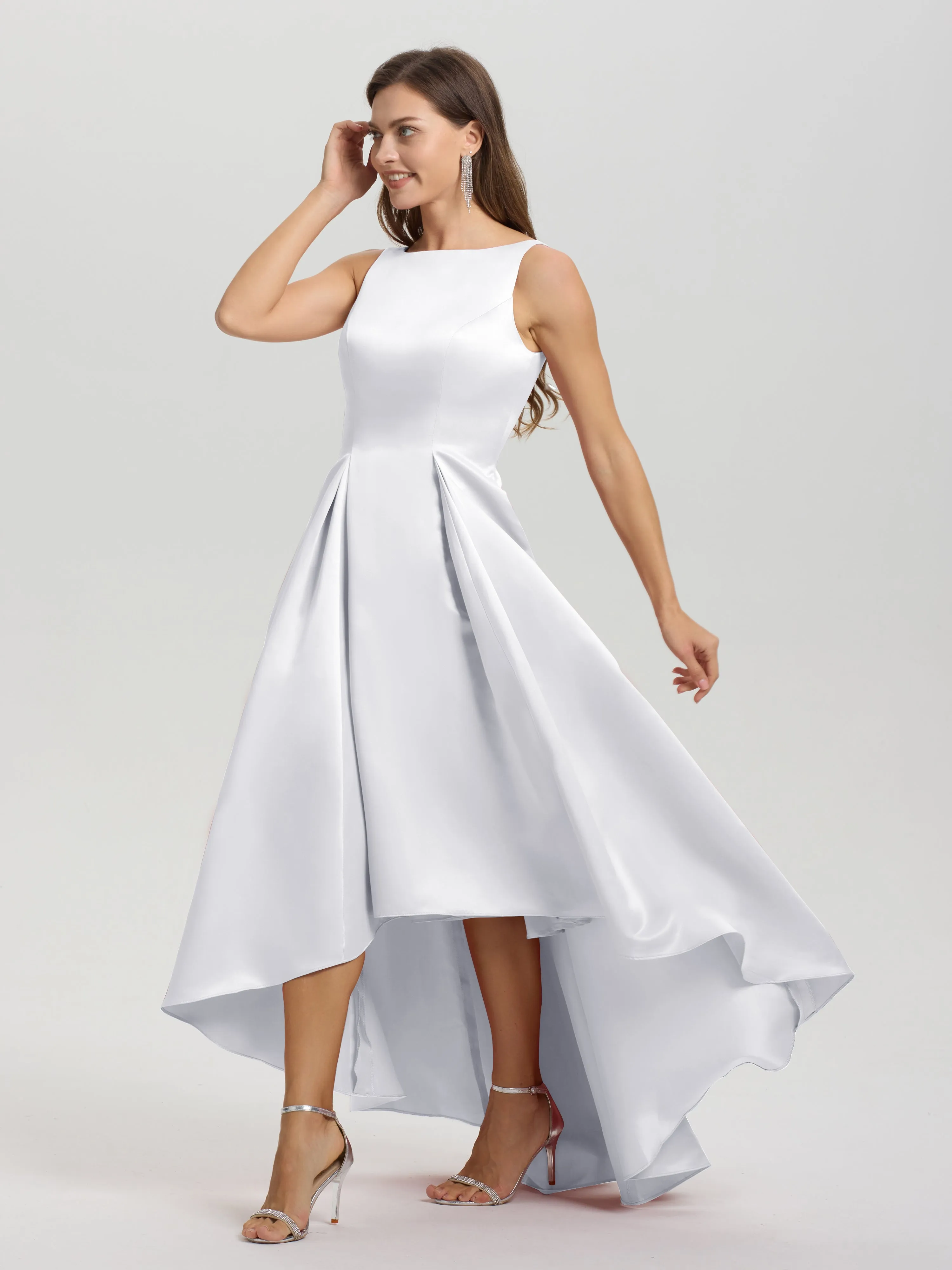 Jewel Sleeveless V-Back Long Satin Bridesmaid Dresses