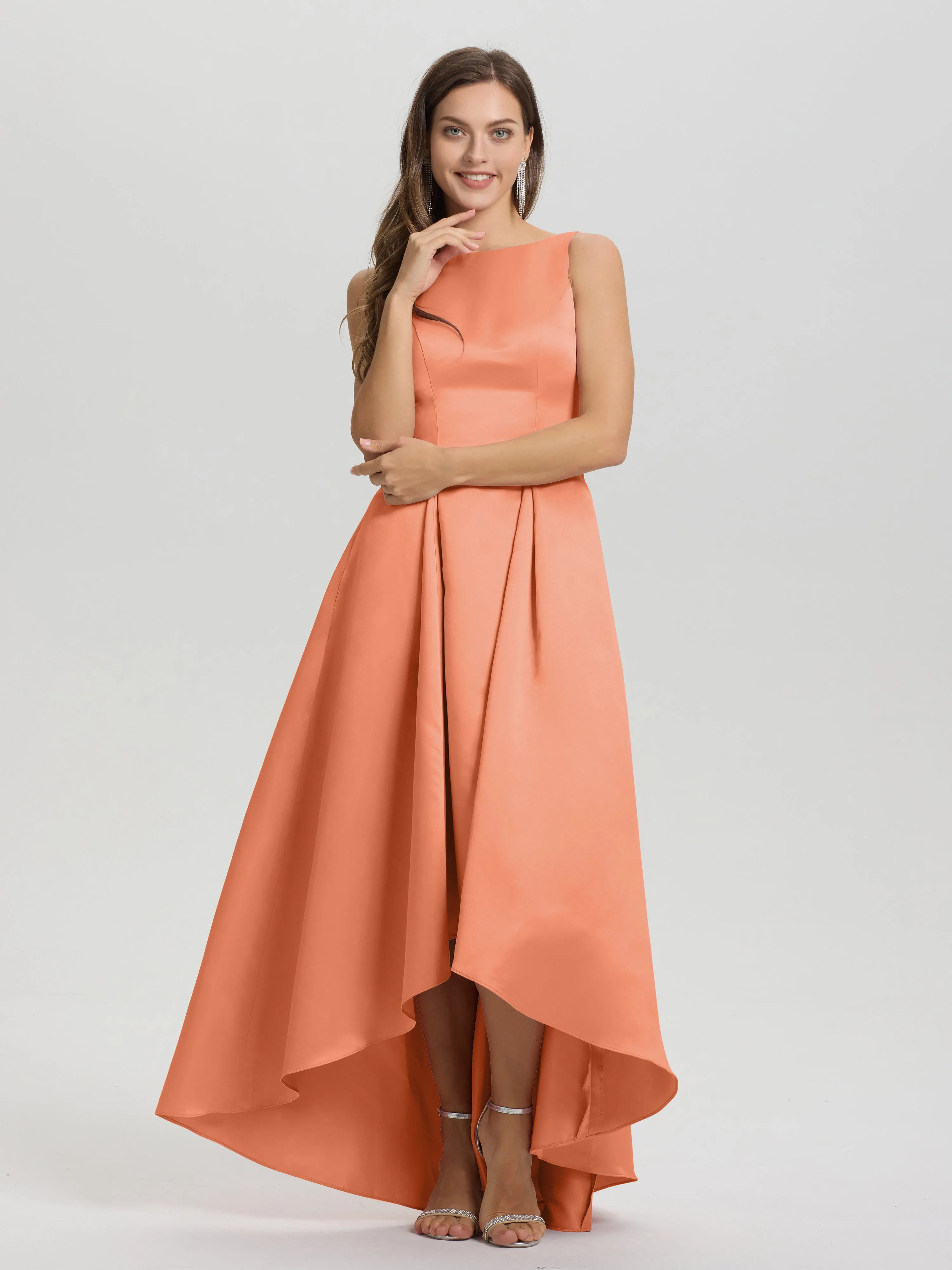 Jewel Sleeveless V-Back Long Satin Bridesmaid Dresses