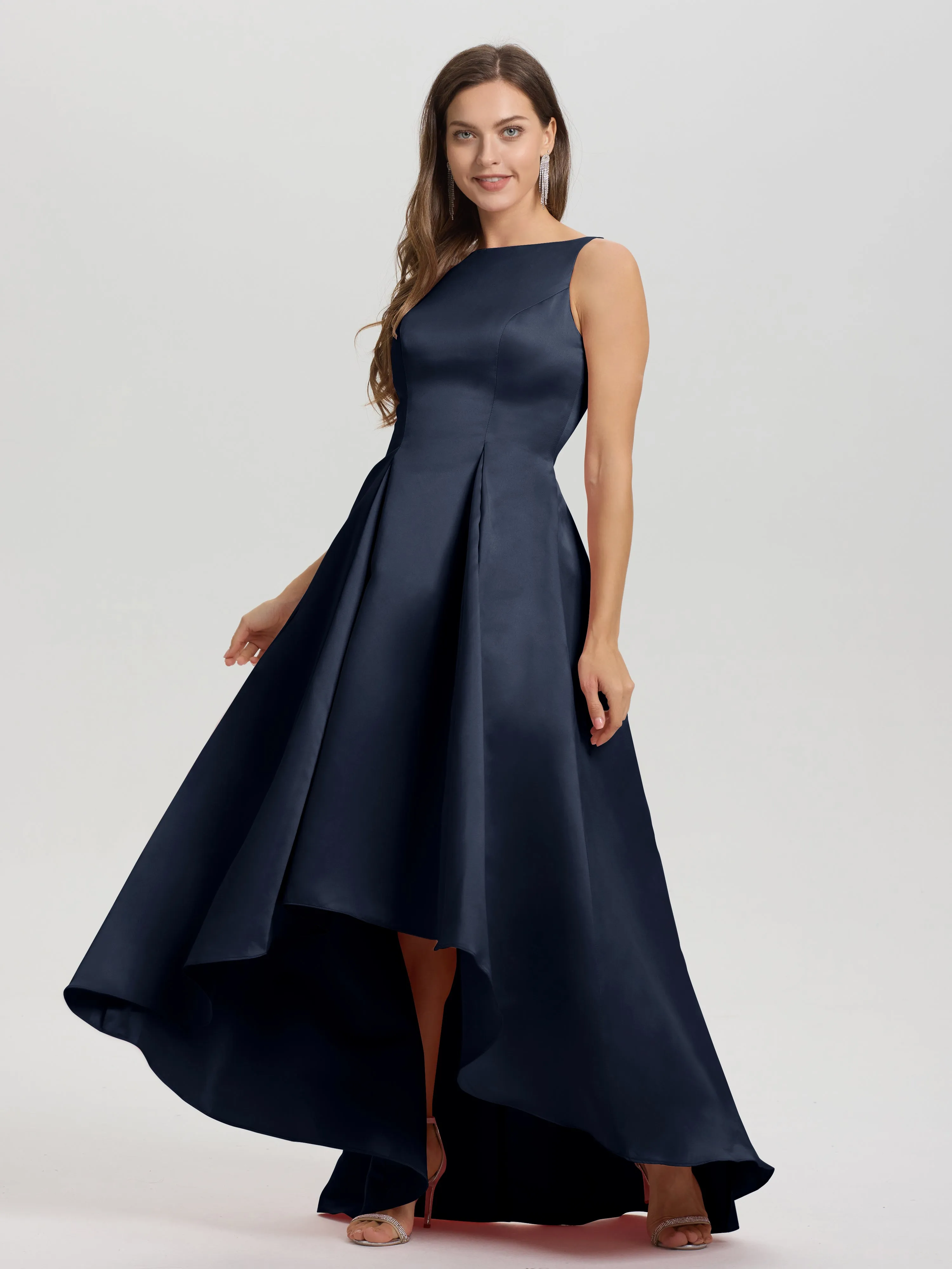 Jewel Sleeveless V-Back Long Satin Bridesmaid Dresses