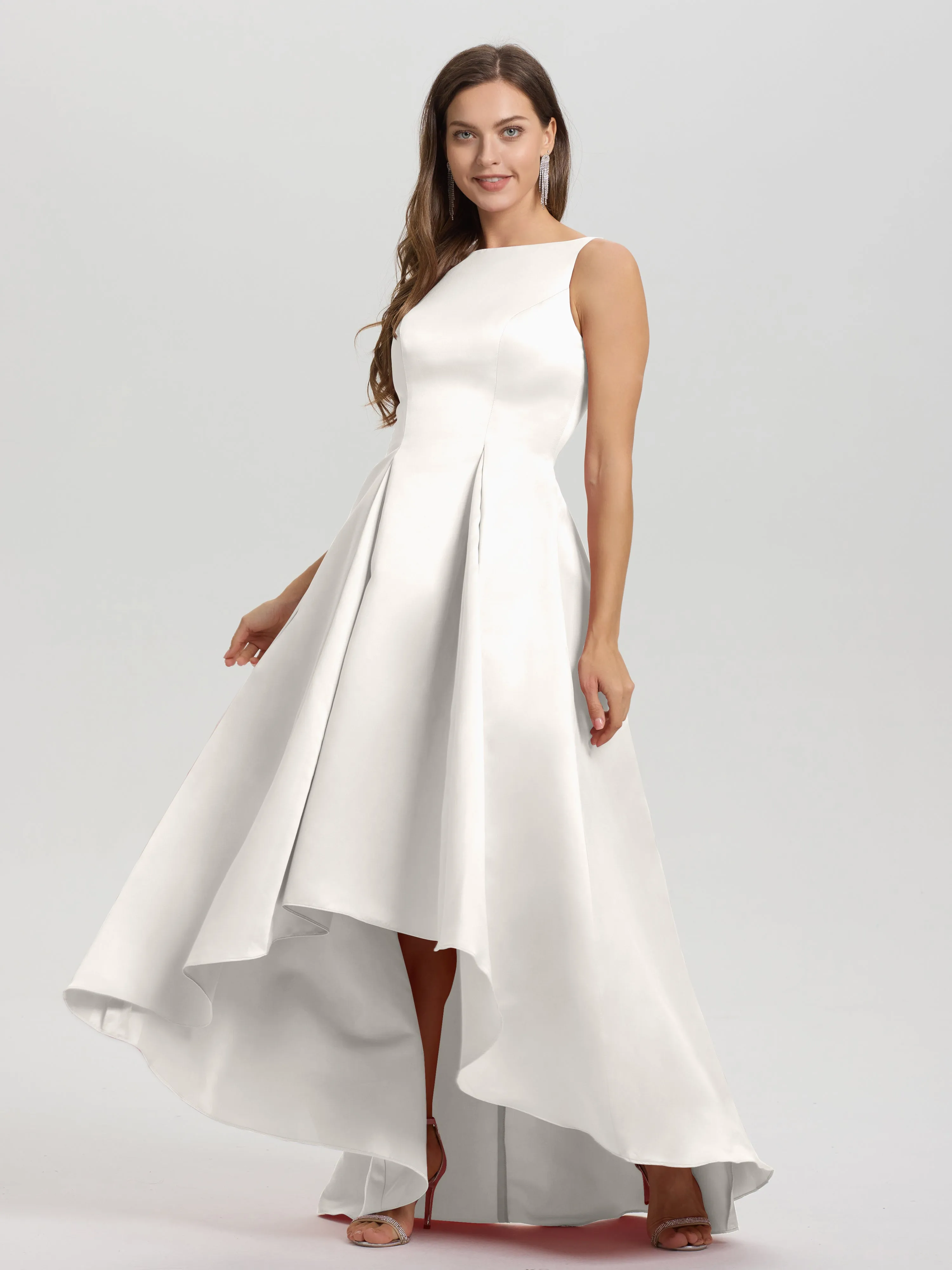 Jewel Sleeveless V-Back Long Satin Bridesmaid Dresses