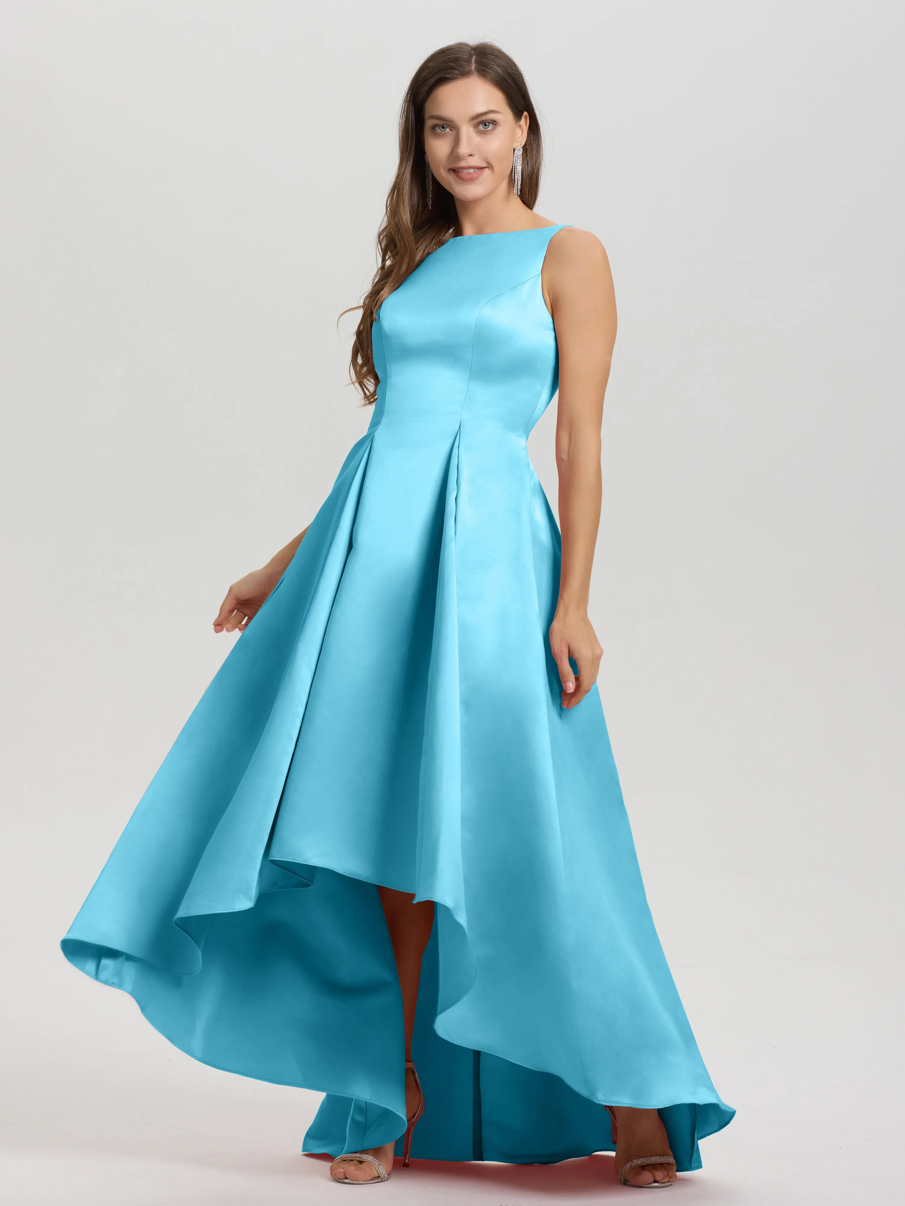 Jewel Sleeveless V-Back Long Satin Bridesmaid Dresses