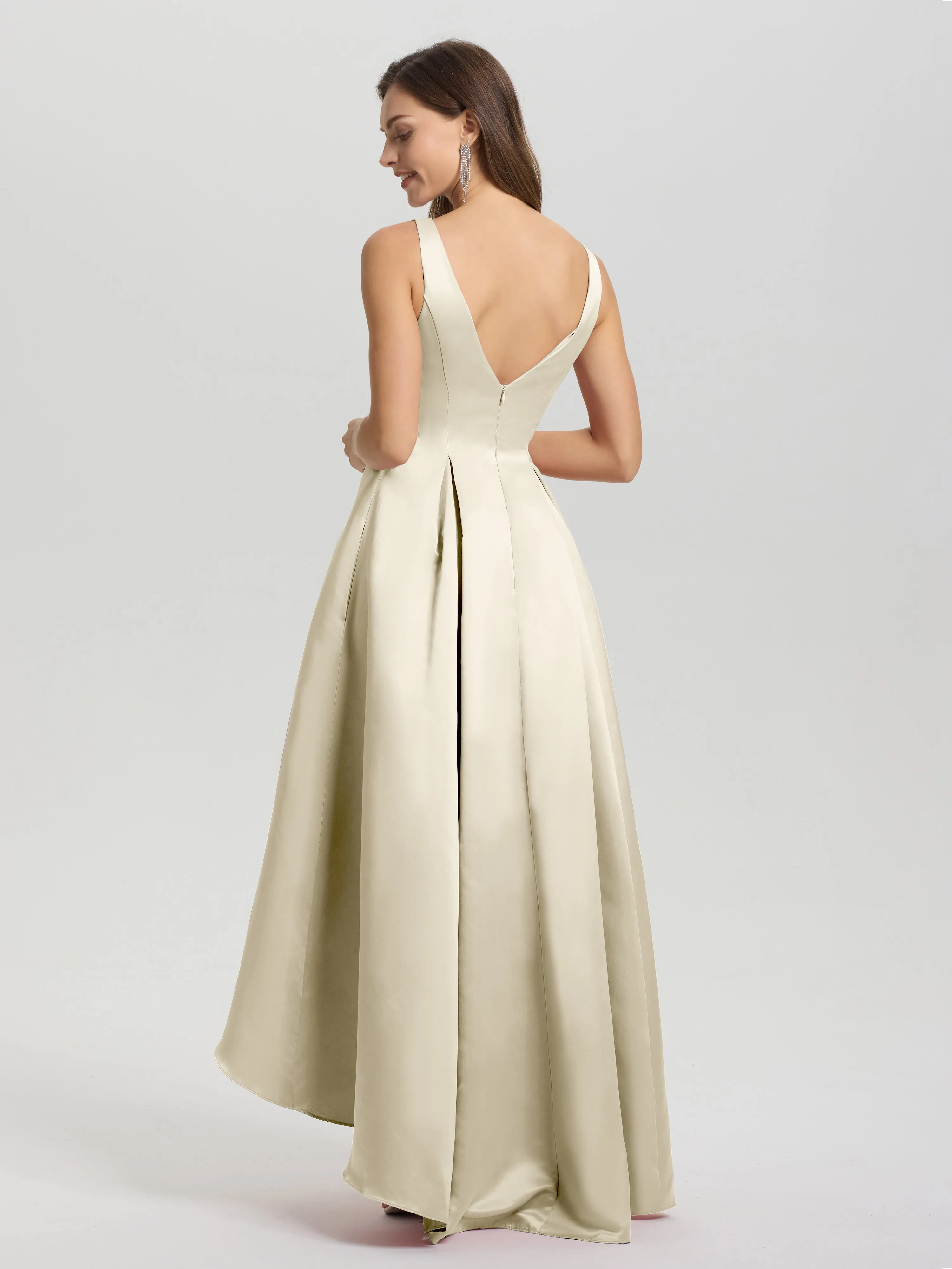 Jewel Sleeveless V-Back Long Satin Bridesmaid Dresses