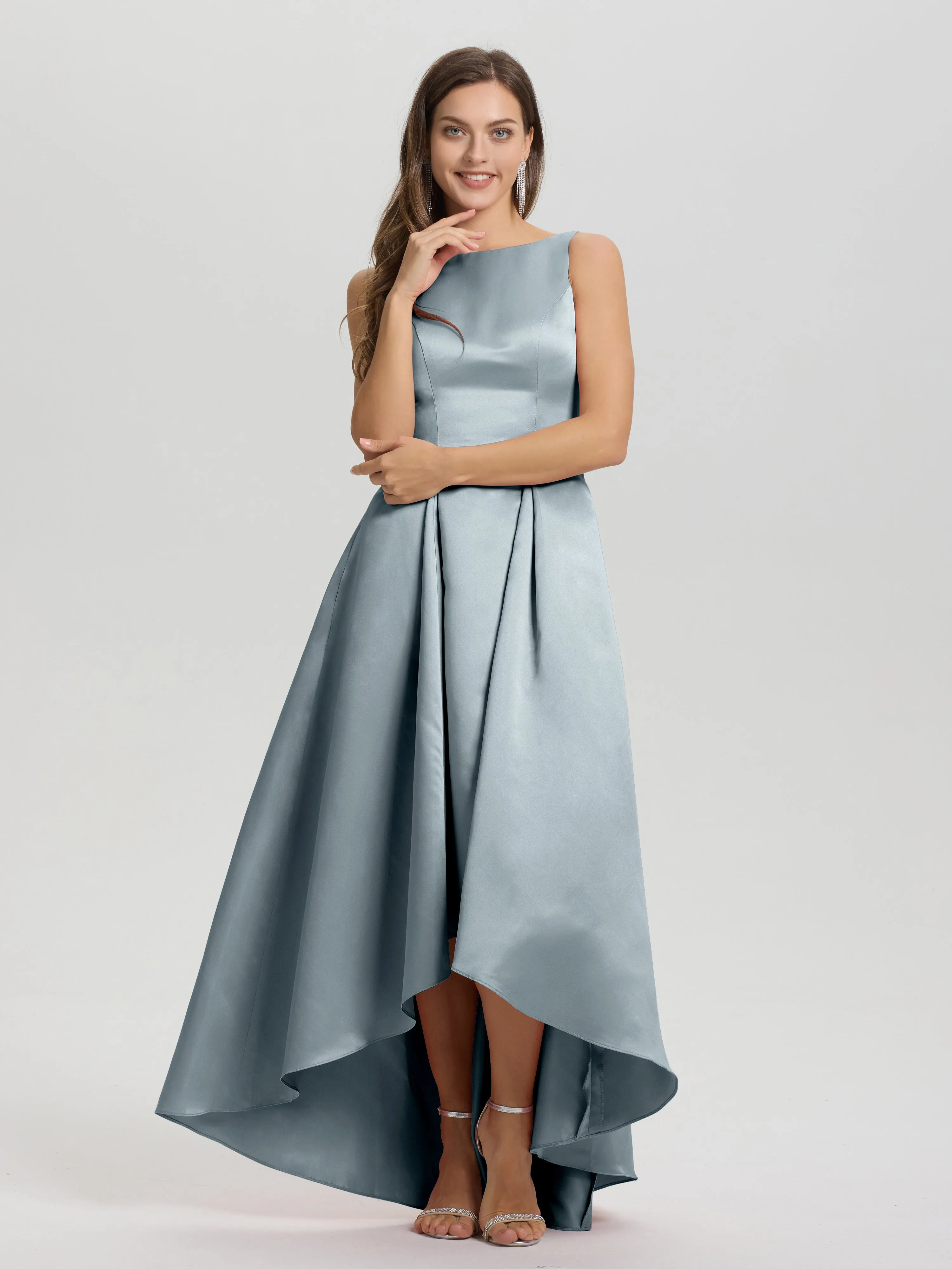 Jewel Sleeveless V-Back Long Satin Bridesmaid Dresses