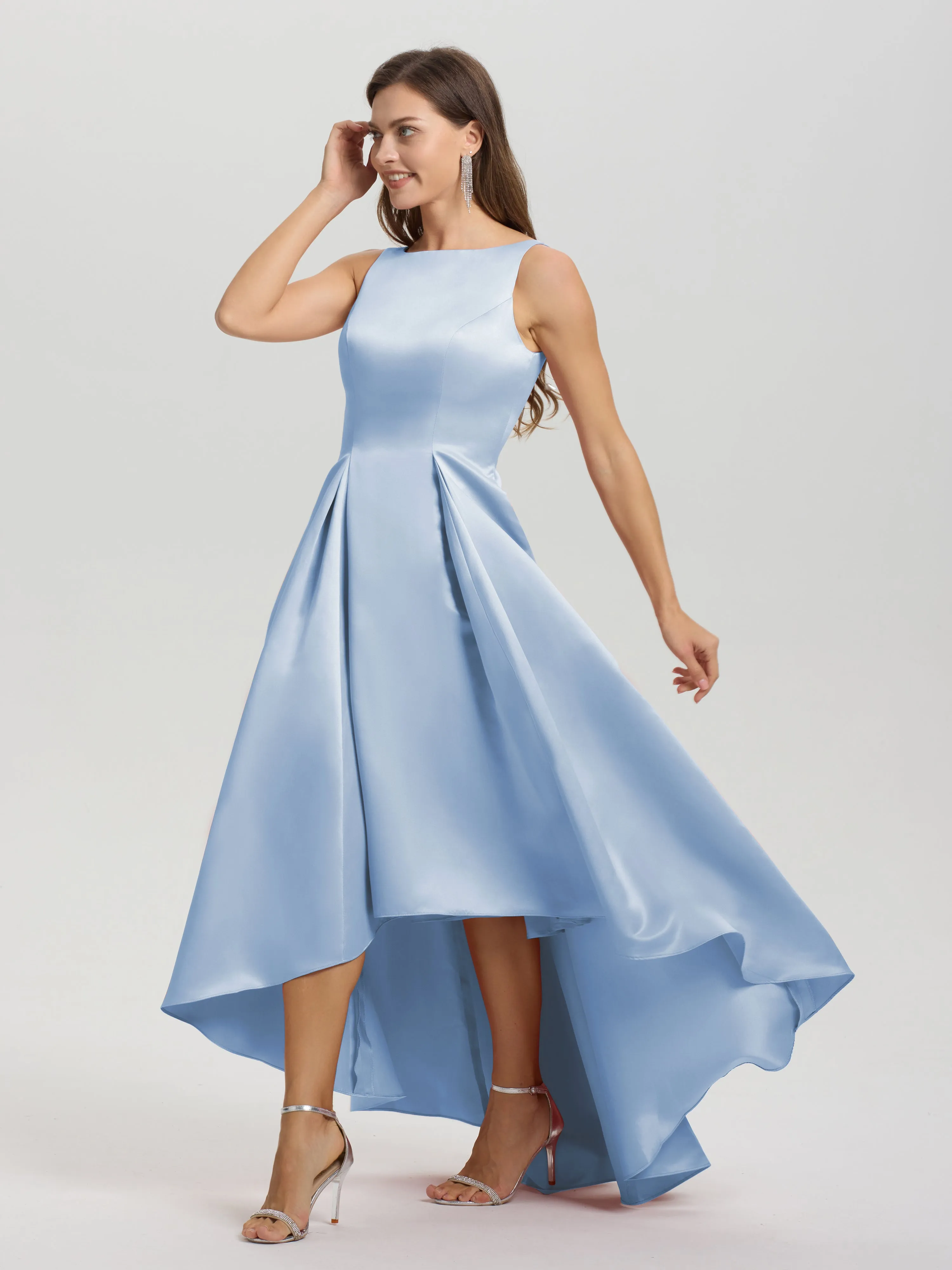Jewel Sleeveless V-Back Long Satin Bridesmaid Dresses